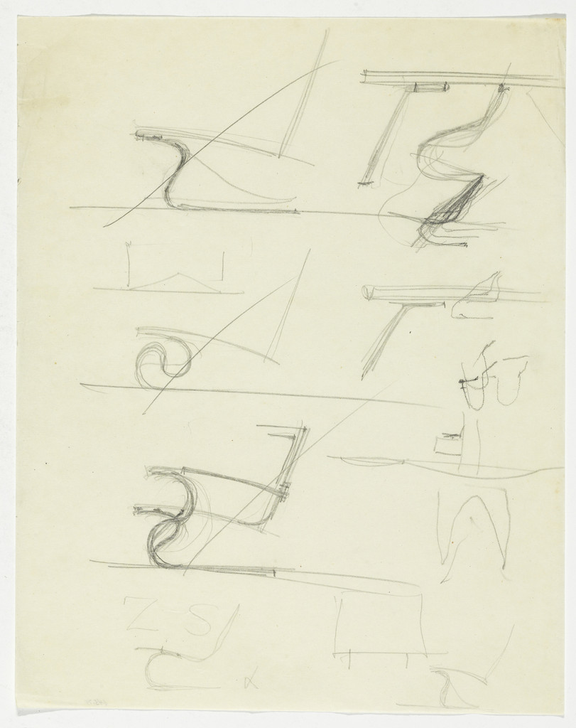 Tugendhat Chair. Lounge Chair with and without Arms. Table. (Elevation sketch; elevation sketch; three partial elevation sketches)