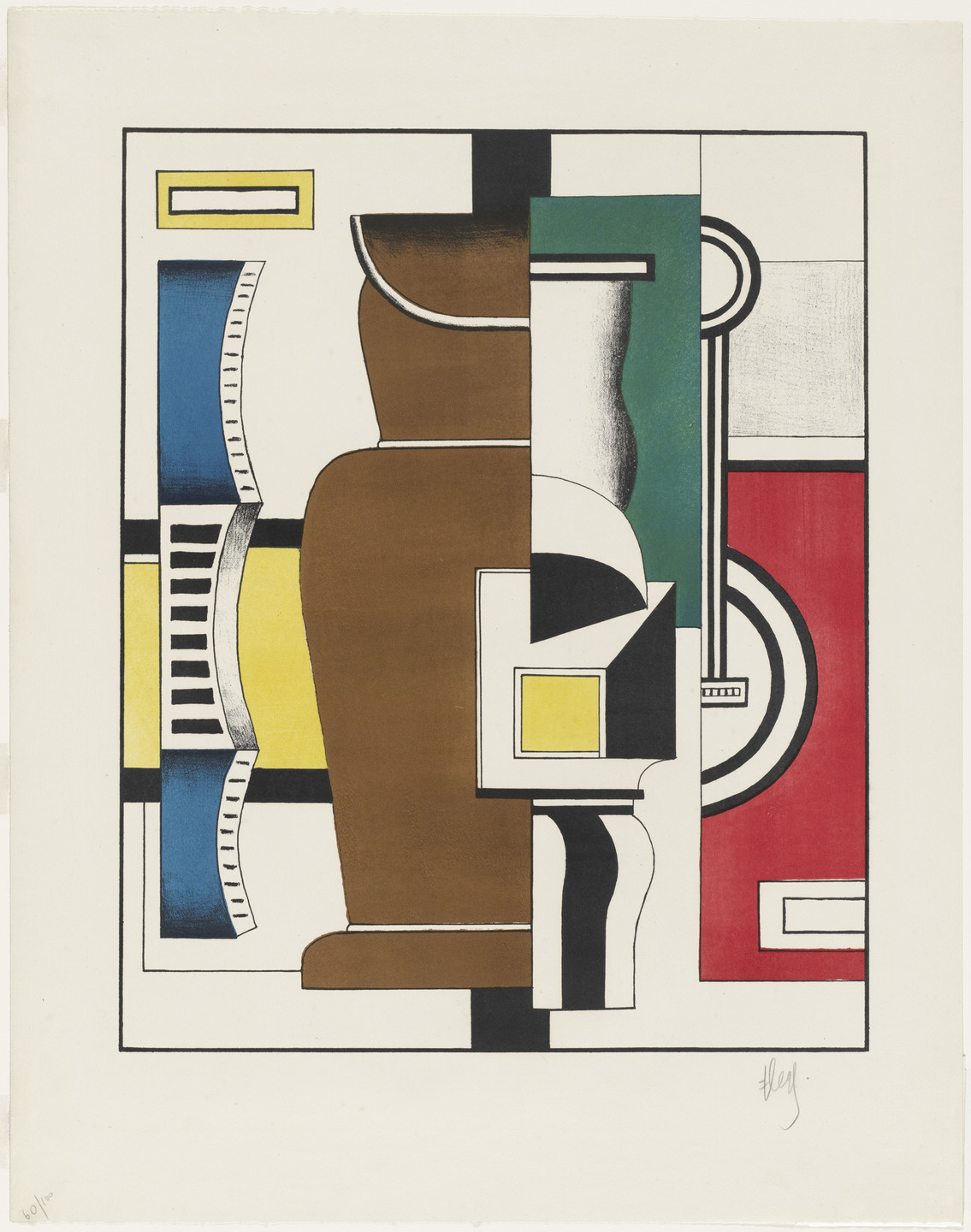 The image features overlapping geometric shapes in predominant colors of brown, green, yellow, blue, red, white, and black. There are bold black lines separating the shapes with some patterns and details within each section. This is an AI generated description. To give feedback, email ai@moma.org.