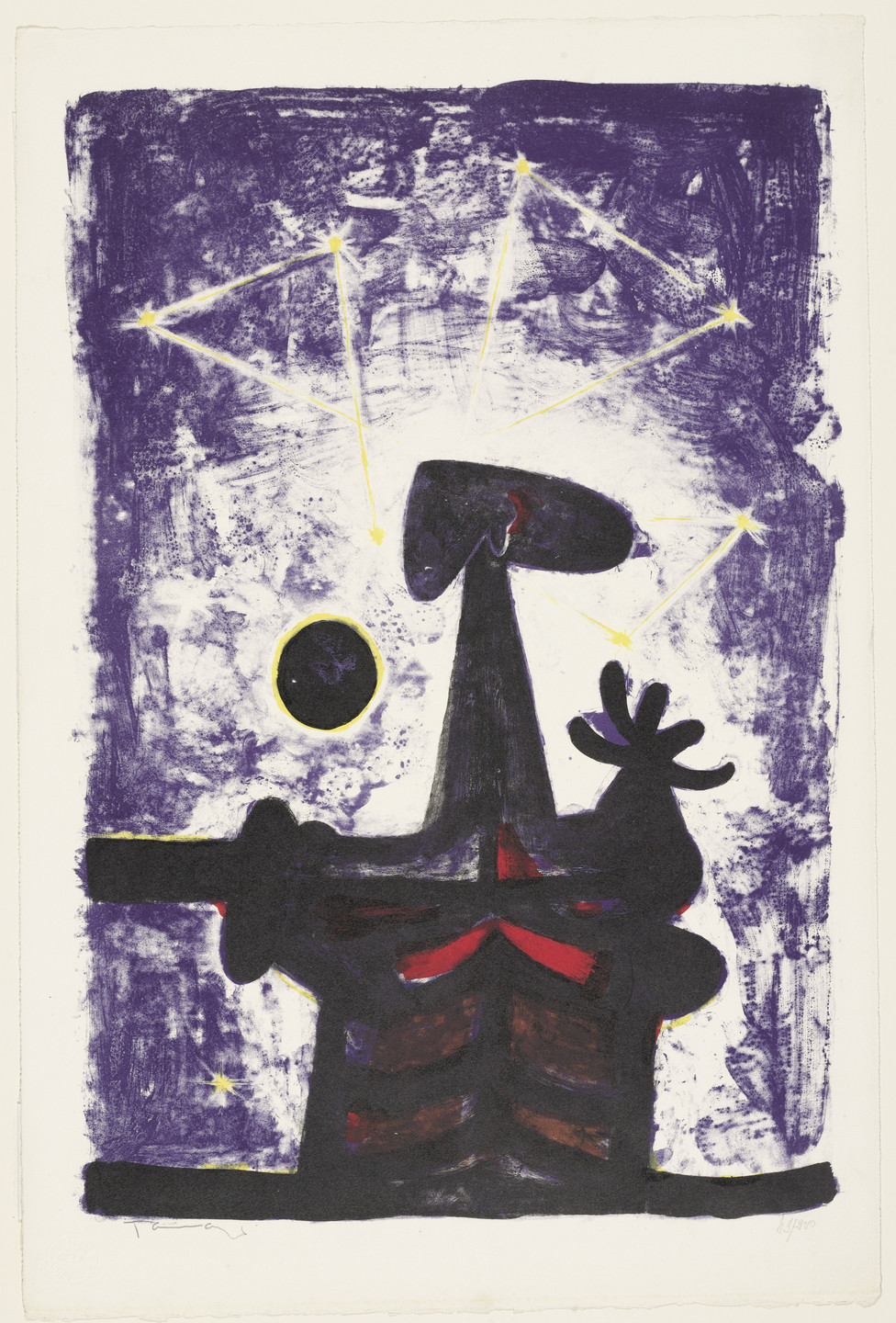 A dark, jagged shape with red highlights is in the center on a textured purple background. Yellow lines and stars form a constellation near the top, with a small black circle outlined in yellow to the left of the central shape. This is an AI generated description. To give feedback, email ai@moma.org.
