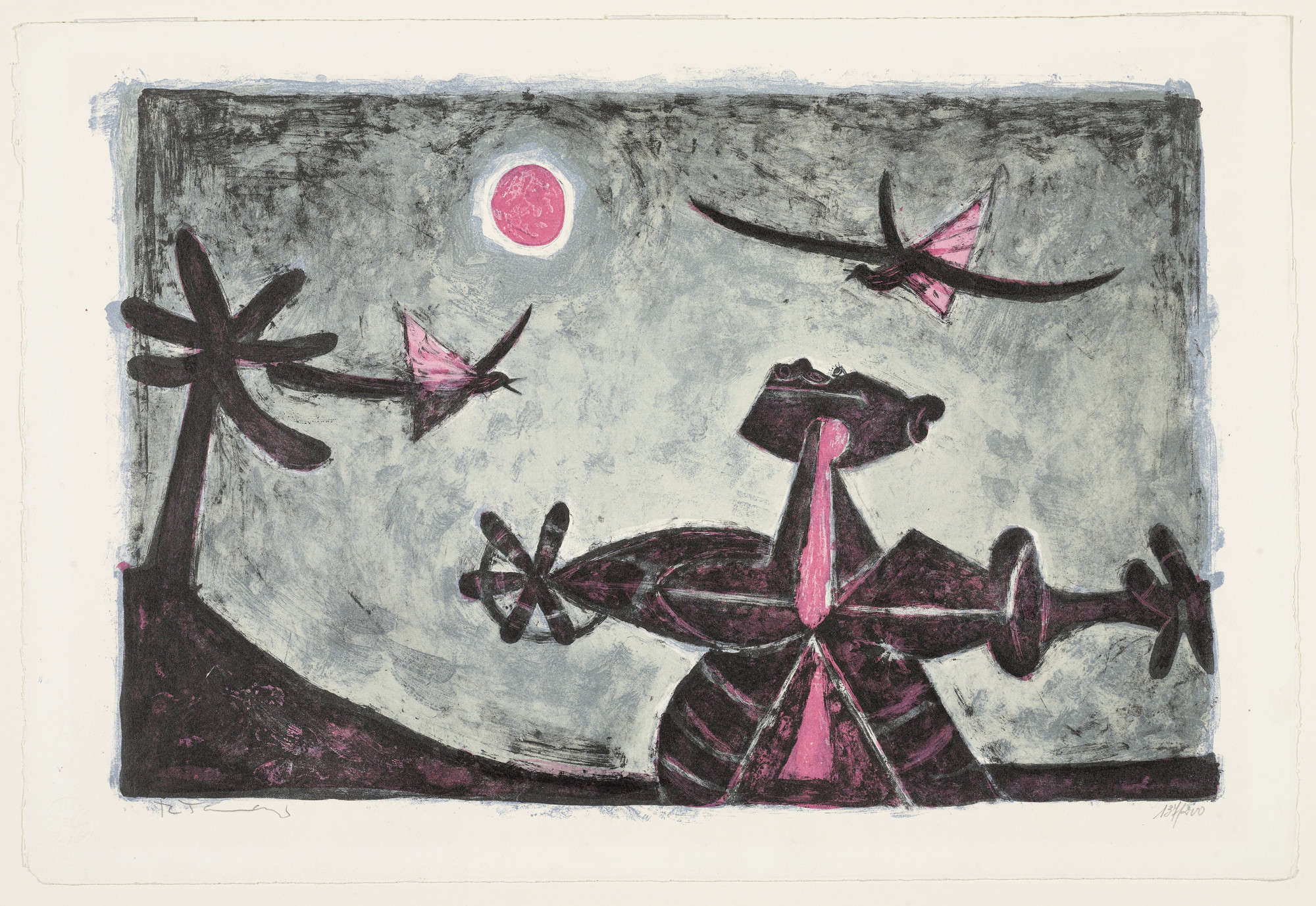 A figure with outstretched arms appears below a red moon and three birds against a gray background. Dark shapes, possibly trees, are on the left side and above the figure. This is an AI generated description. To give feedback, email ai@moma.org.