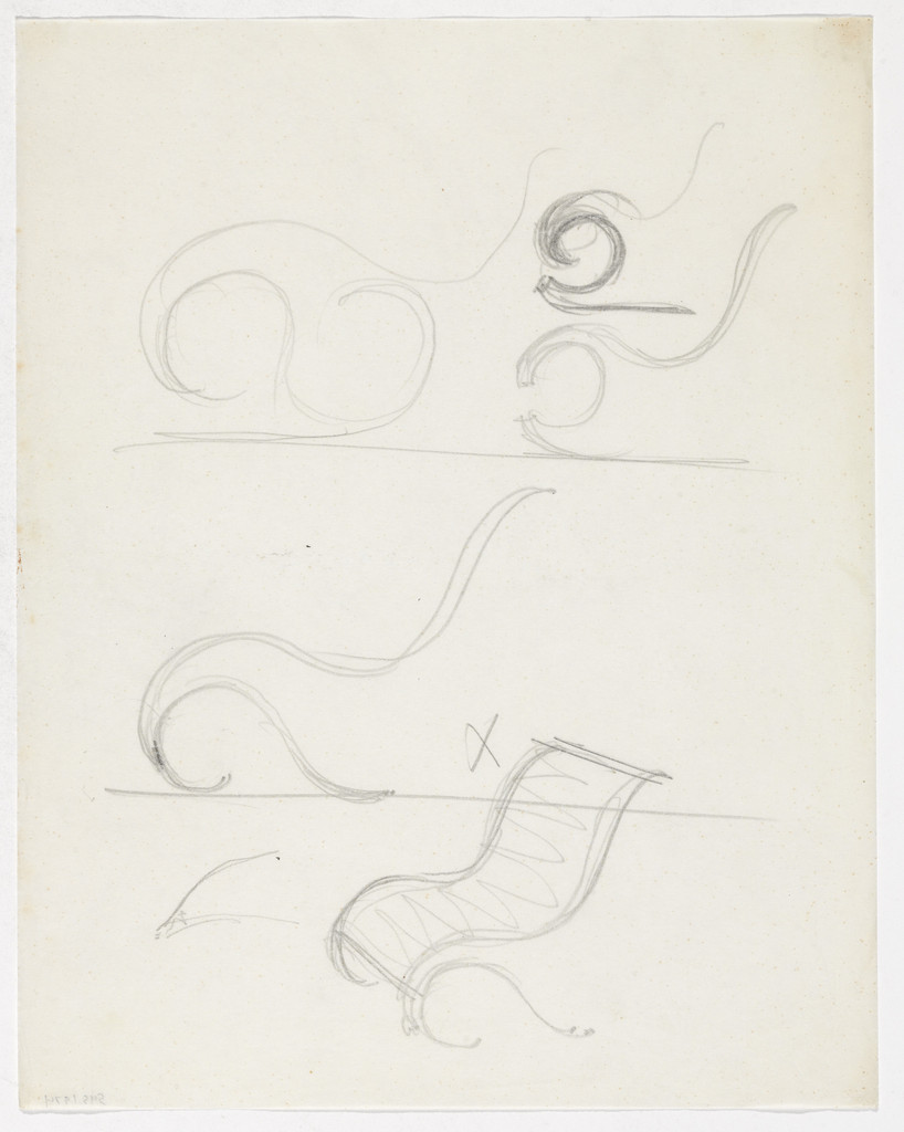 Lounge Chair without Arms (Four elevation sketches, one perspective sketch)