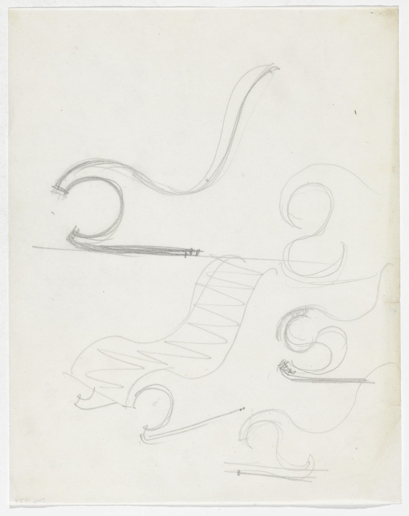 Lounge Chair without Arms (Four elevation sketches, one perspective sketch)
