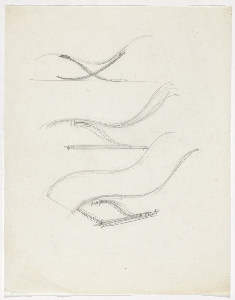 Reclining Chair without Arms (Two elevation sketches, one perspective sketch)
