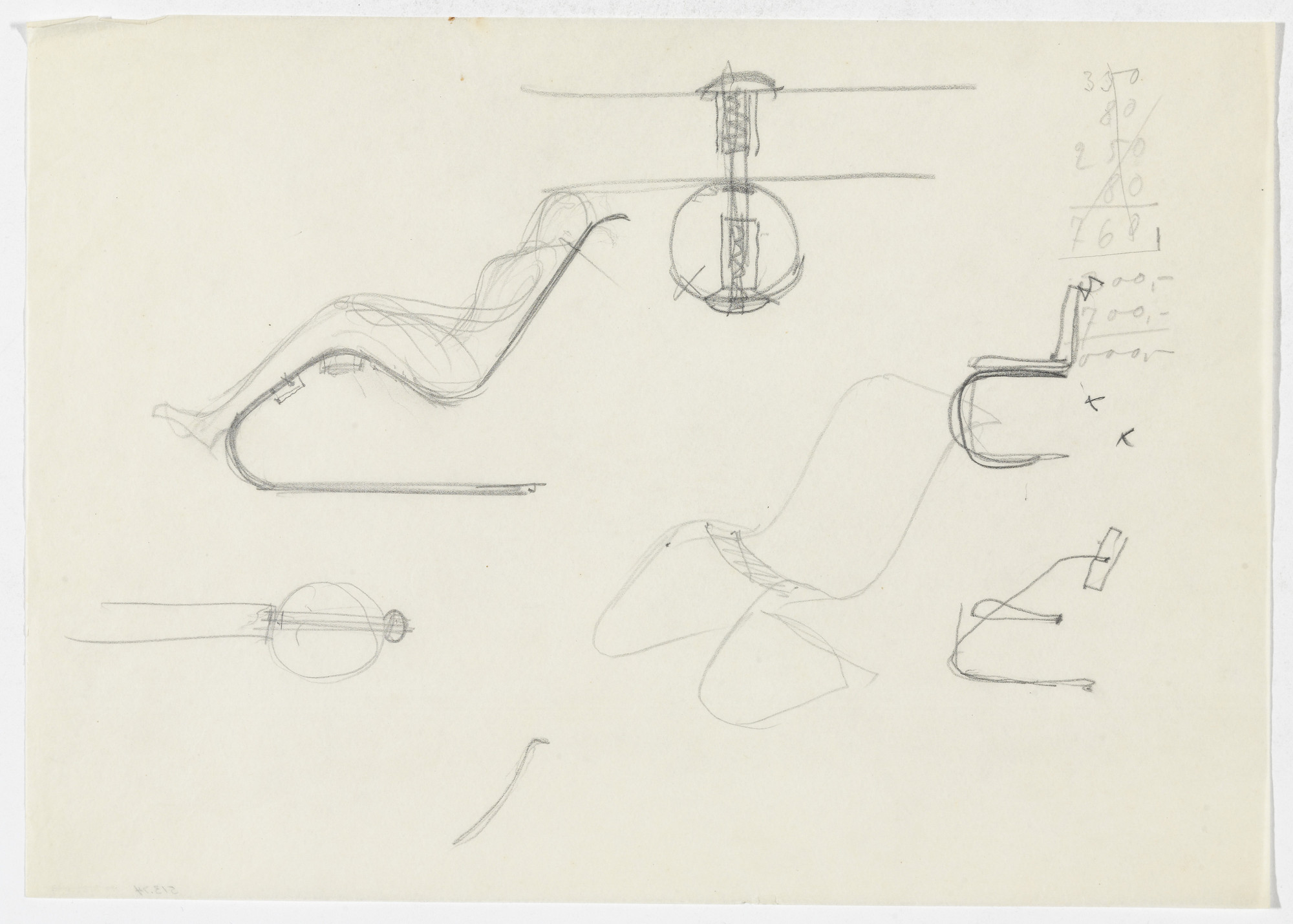 Ludwig Mies van der Rohe. Reclining Chair without Arms. Chair without Arms. (Three detail sketches)