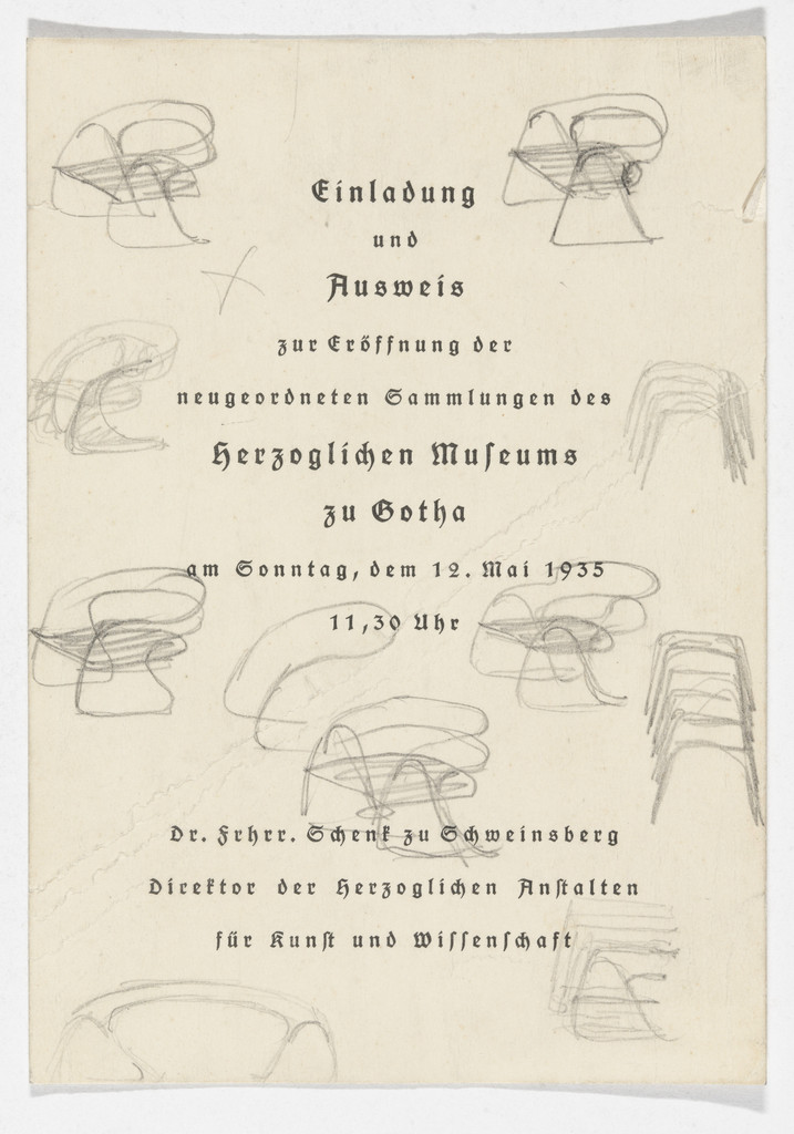Stacking Chairs (recto). Lounge Chair with Arms (recto and verso) (Three elevation sketches; perspective and elevation sketches)