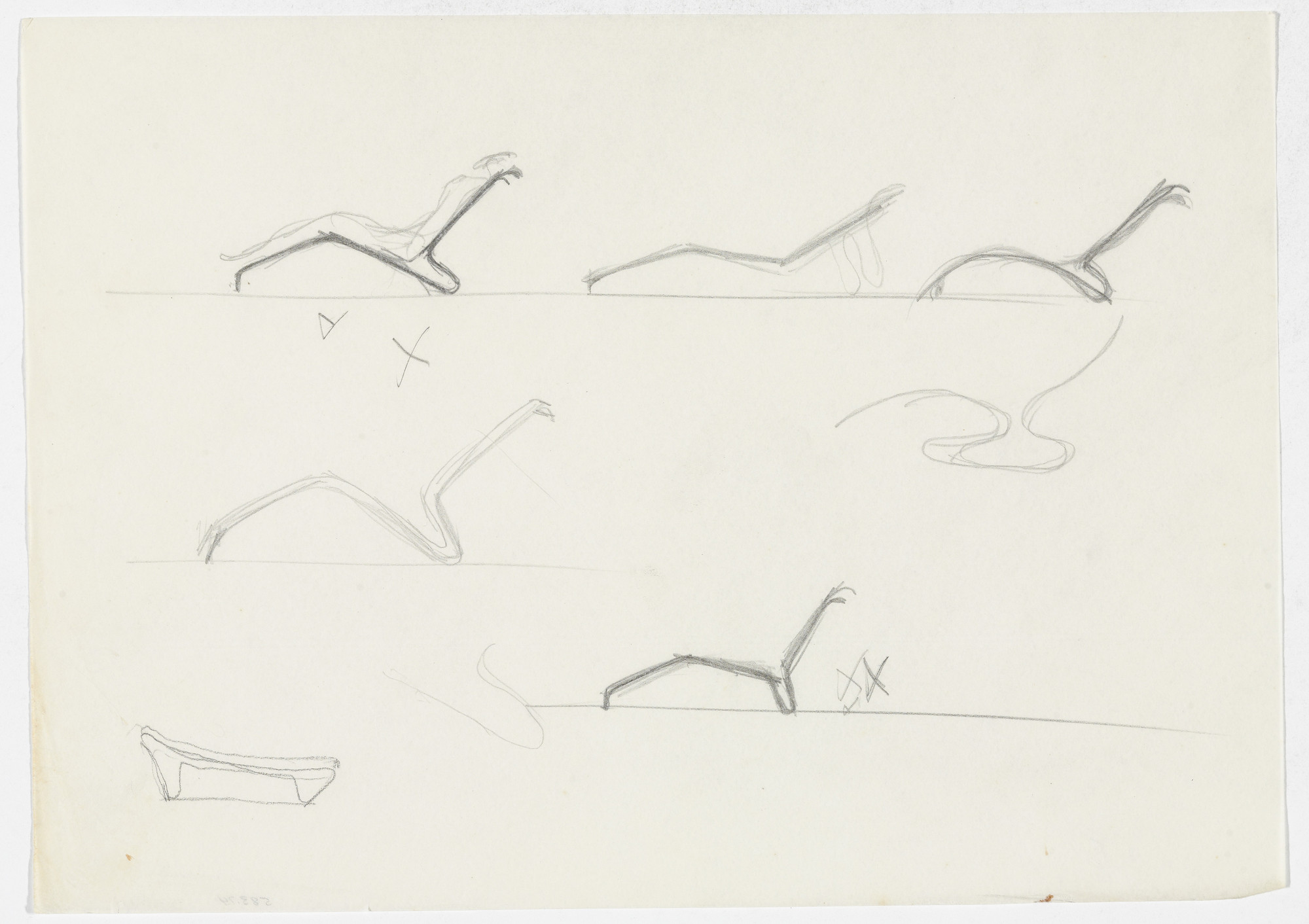 Ludwig Mies van der Rohe. Reclining Chair without Arms (Seven elevation sketches, one with figure)