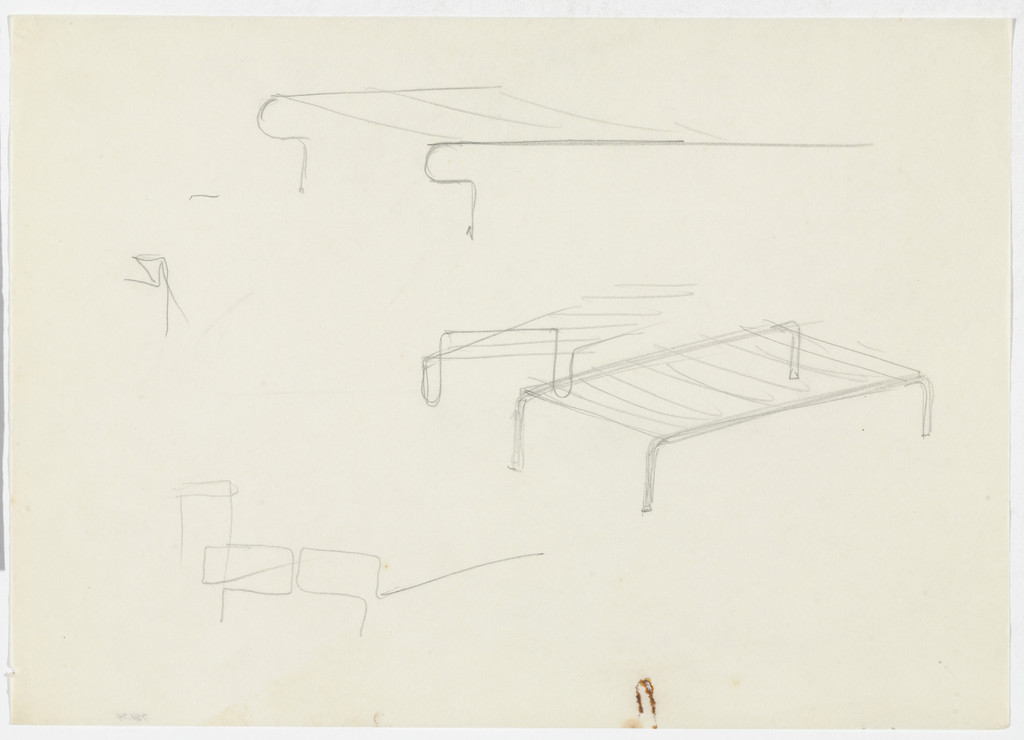 Bed (Three perspective sketches. Two detail sketches.)