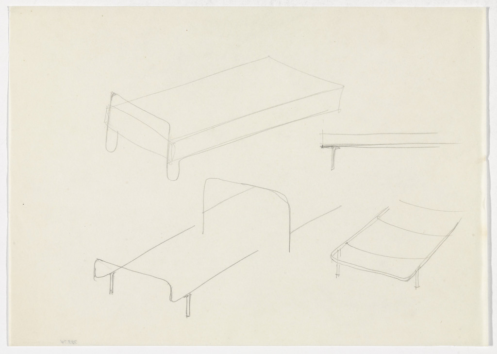 Bed. Bed Frame., Perspective sketch. Detail elevation. Three perspective sketches