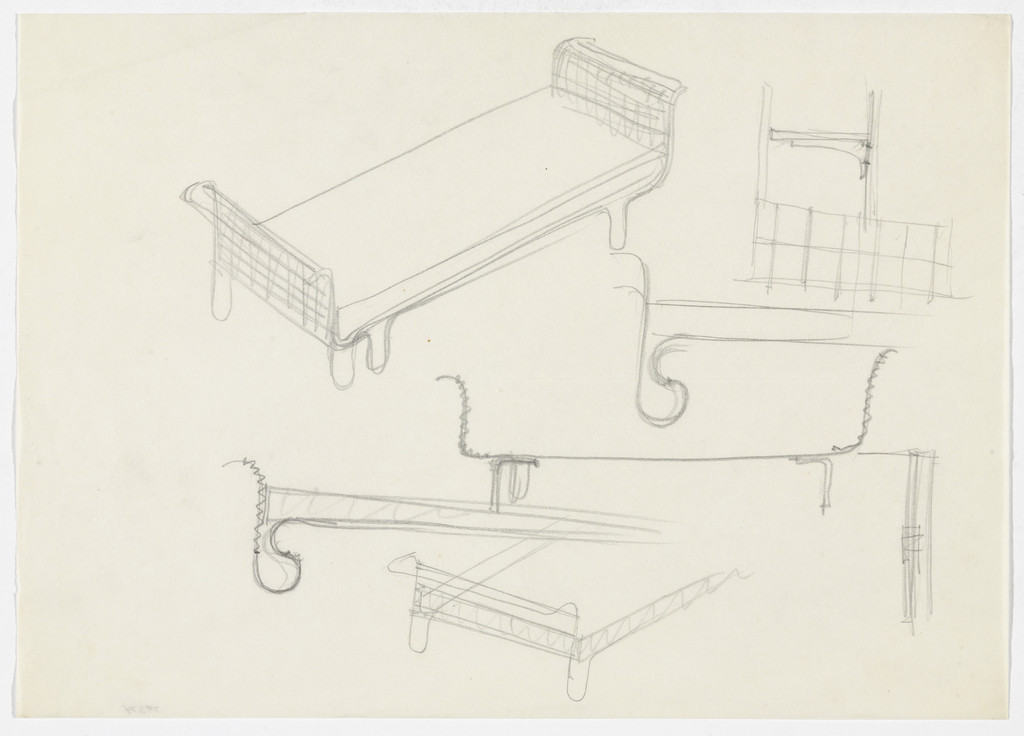 Bed. Bed Frame Details. (Perspective sketches, elevation sketches)