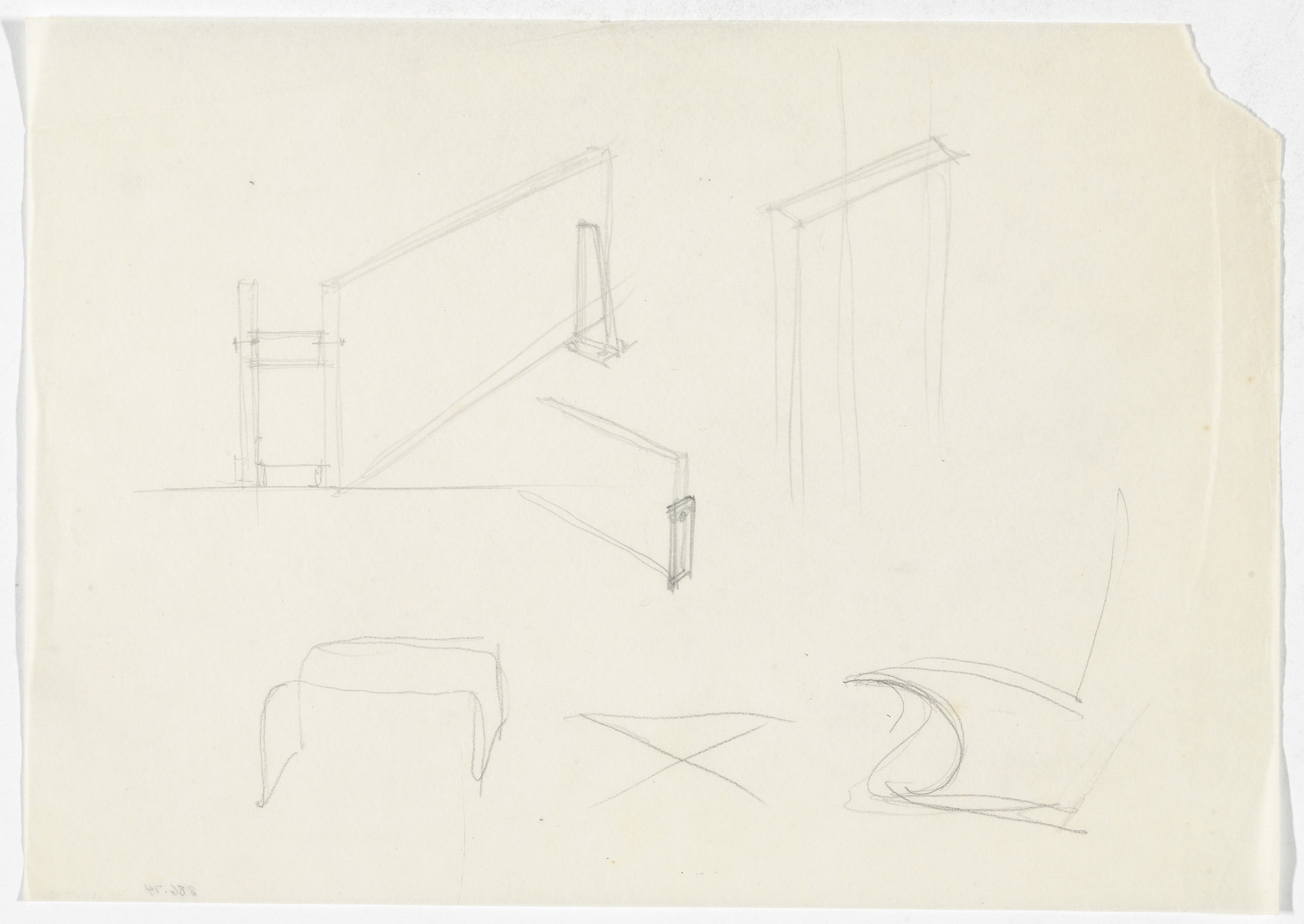 Ludwig Mies van der Rohe. Lounge Chair without Arms. Table Frame. Joining System Details. (Elevation sketches, perspective sketches)