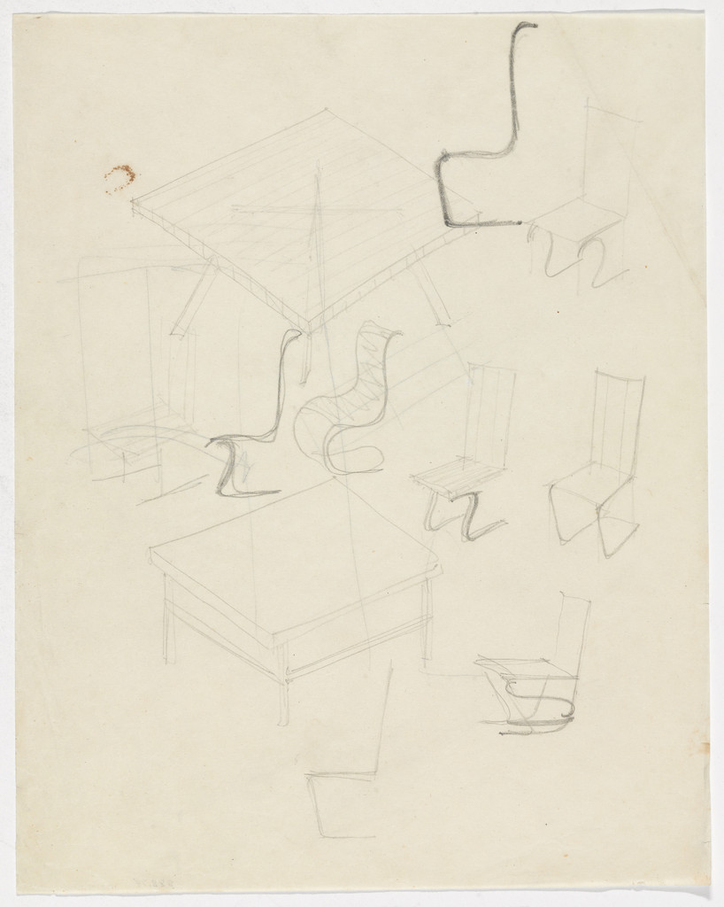 Table. Chair. (Perspective sketches, elevation sketches)