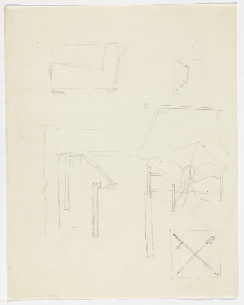 Lounge Chair. Table. (Elevation sketches, perspective sketch)