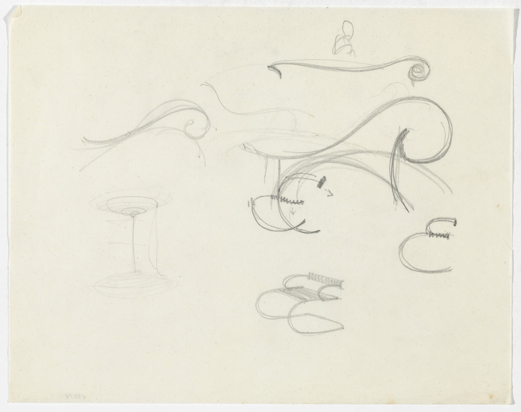 Lounge Chair with Arms (Perspective sketch; elevation sketches. Frame details.)