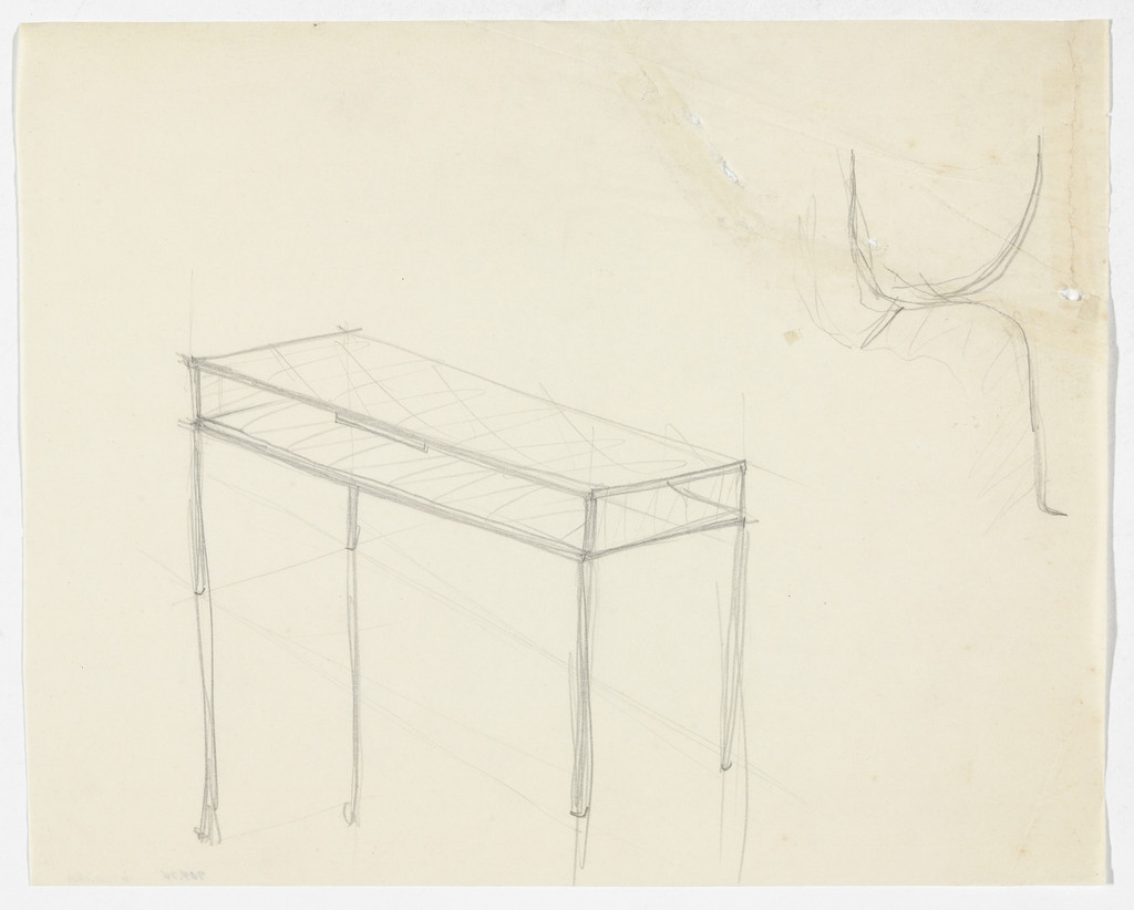 Table. Detail. (Perspective sketch, elevation sketch)