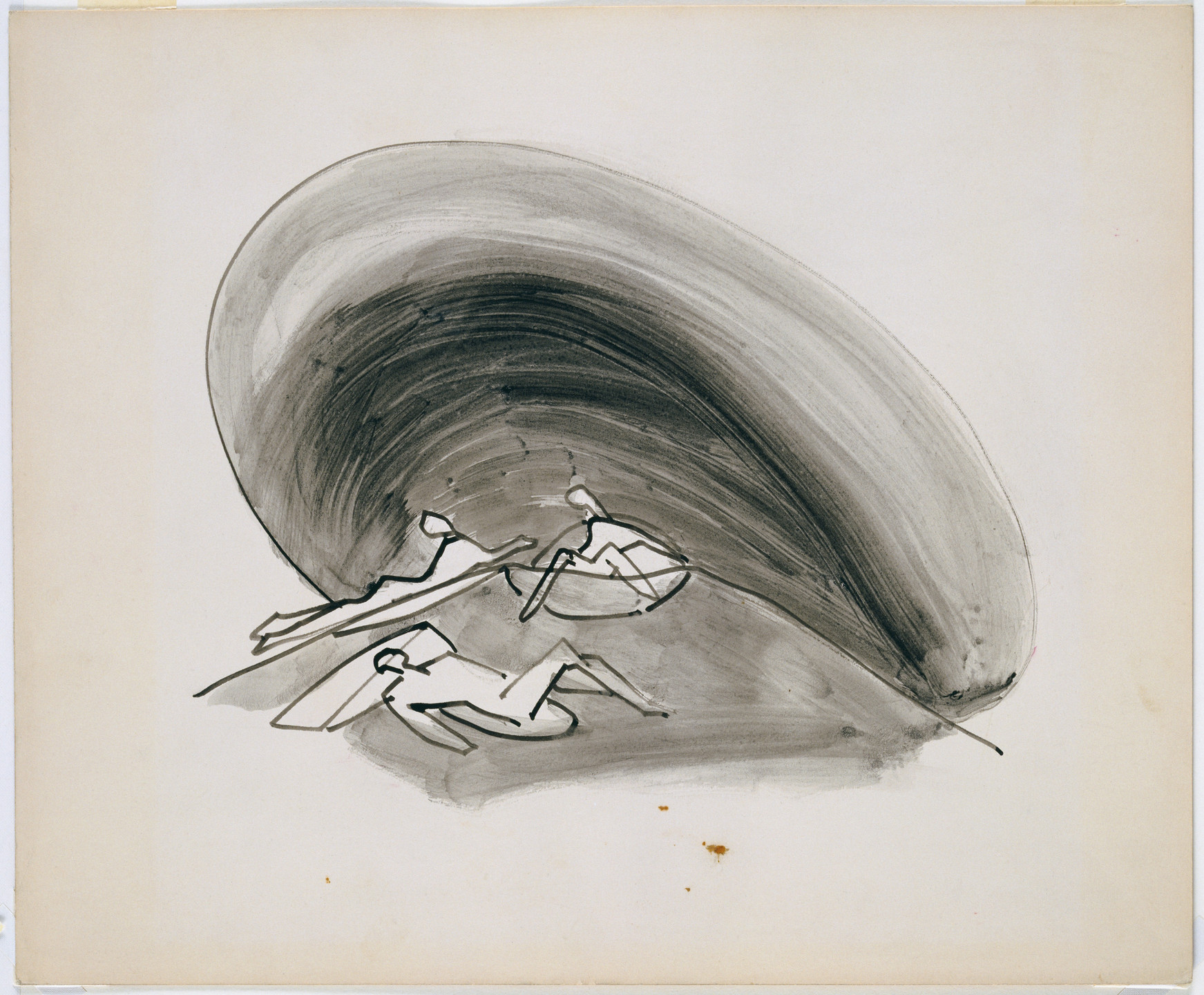 The image features a gray, wave-like form sweeping from the upper right to the lower left, with three simplistic, line-drawn figures positioned beneath it. The background is predominantly off-white, with the wave and figures drawn in varying shades of black and gray. This is an AI generated description. To give feedback, email ai@moma.org.
