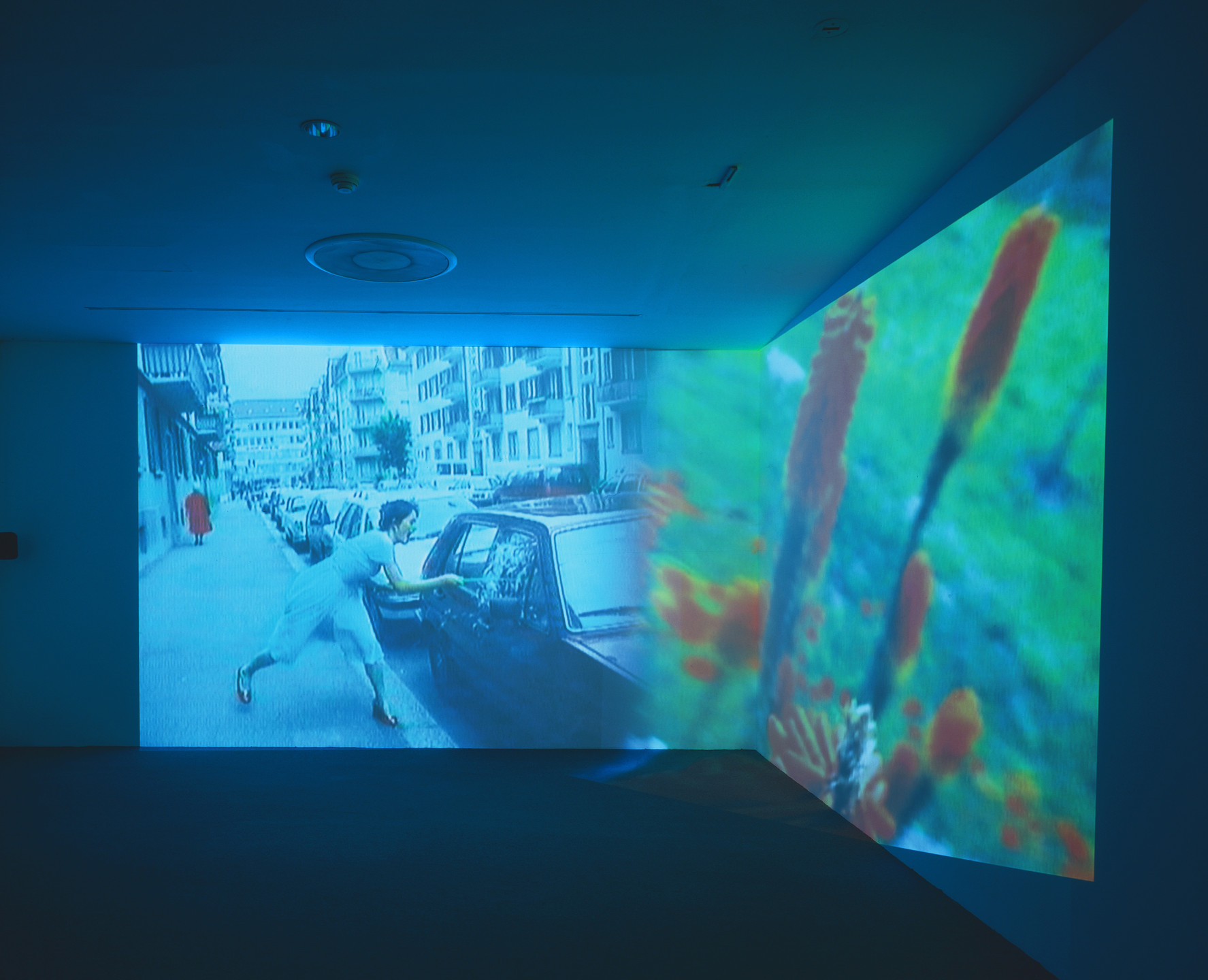 The image shows a dimly lit room with overlapping blue-toned projections on adjacent walls. One wall displays a street scene with a person leaning into a car window, and the other shows close-ups of orange and green plant-like shapes. This is an AI generated description. To give feedback, email ai@moma.org.