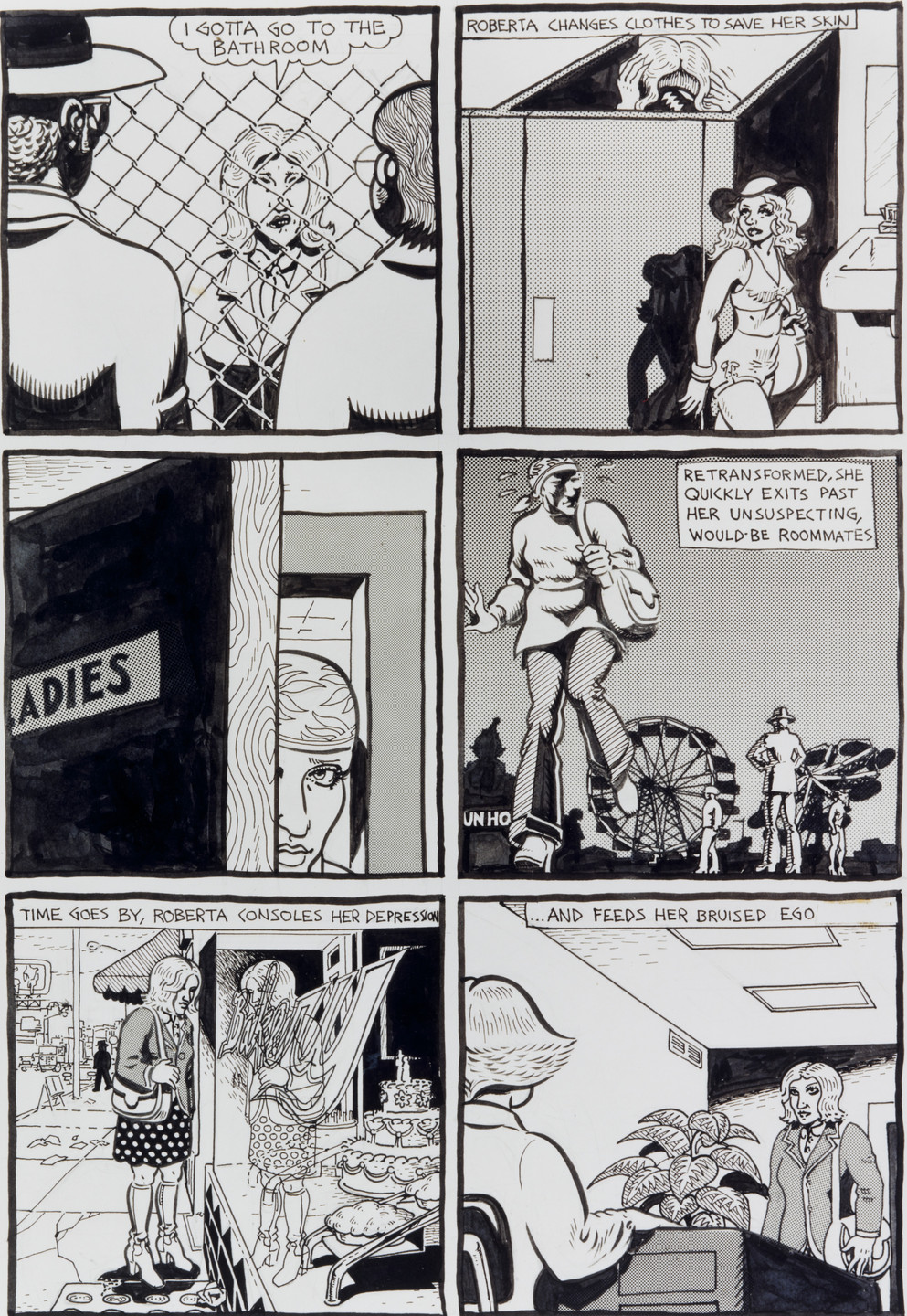 Lynn Hershman Leeson, Spain Rodriguez. Bathroom Escape (page 4). 1975