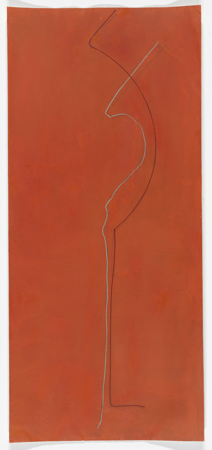 A vertical orange canvas features a thin black and white line forming an elongated, curved shape from the top-left to the bottom-right. The background is uniformly colored in shades of orange. This is an AI generated description. To give feedback, email ai@moma.org.