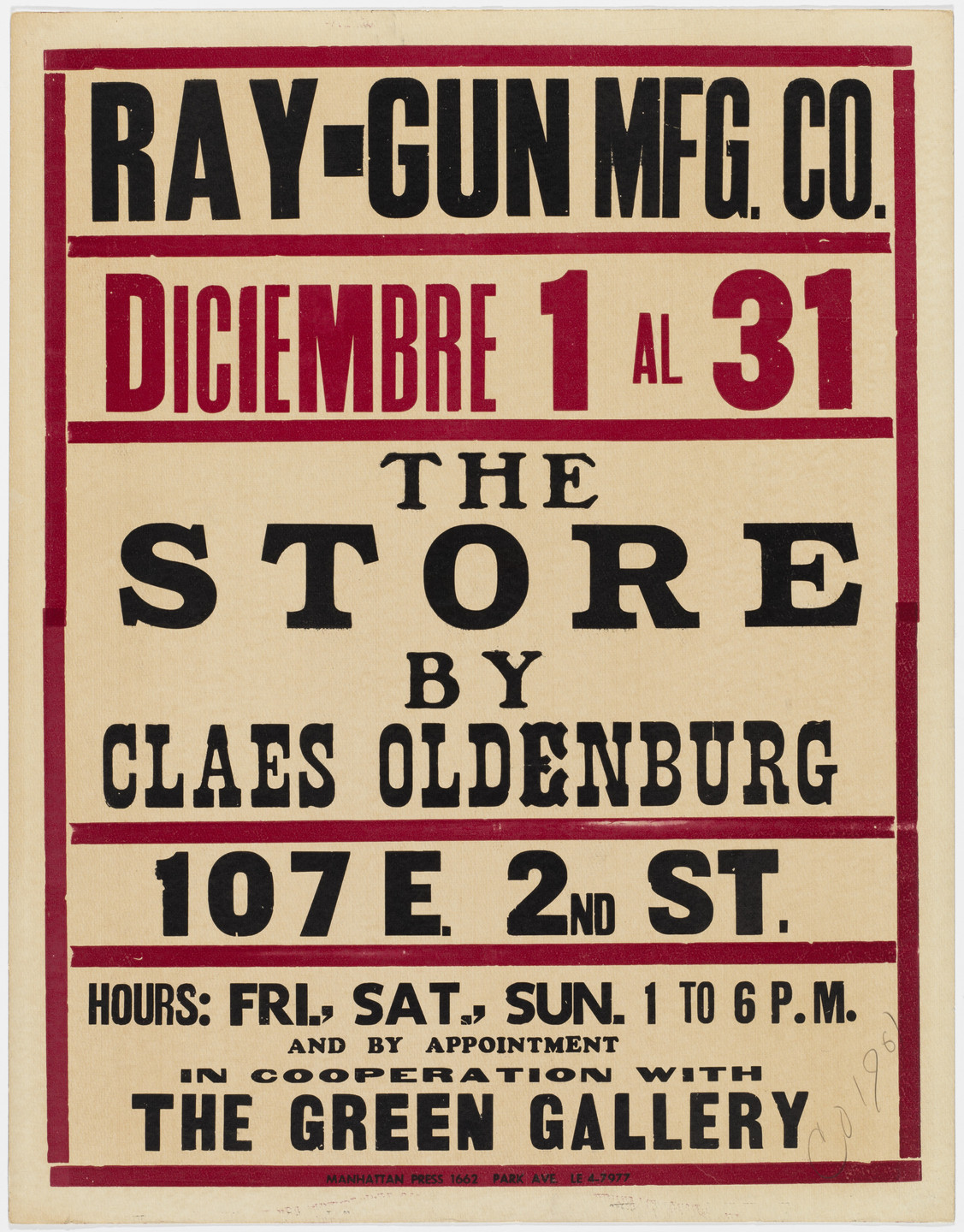 A poster with a beige background has bold black and red text. It announces an event at Ray-Gun Mfg. Co., 107 E. 2nd St., from December 1 to 31, Fridays to Sundays, 1 to 6 PM. This is an AI generated description. To give feedback, email ai@moma.org.