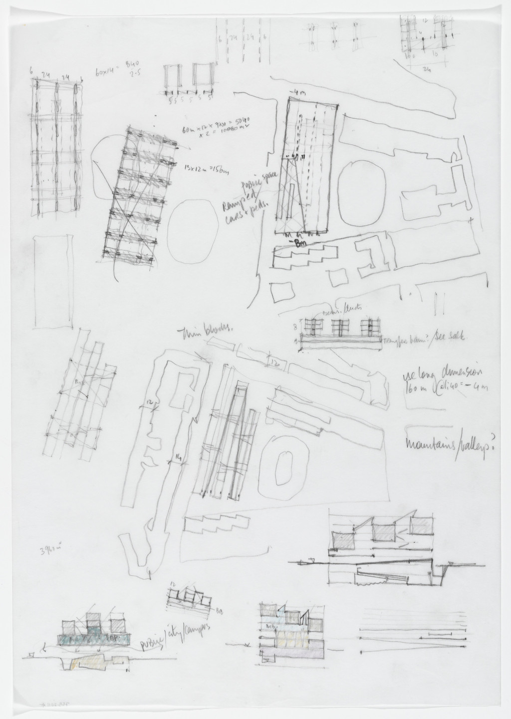 Yvonne Farrell, Shelley McNamara. Luigi Bocconi University, Milan, Italy (Elevation, section and plan sketches with notes). 2001