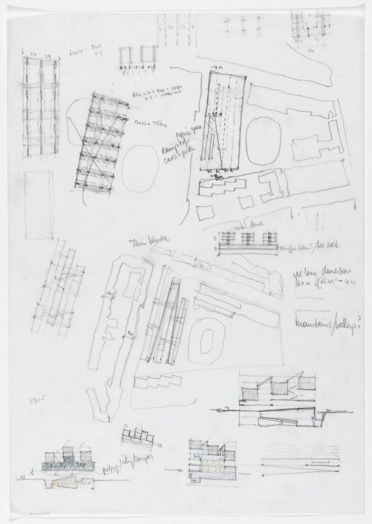 Luigi Bocconi University, Milan, Italy (Elevation, section and plan sketches with notes)