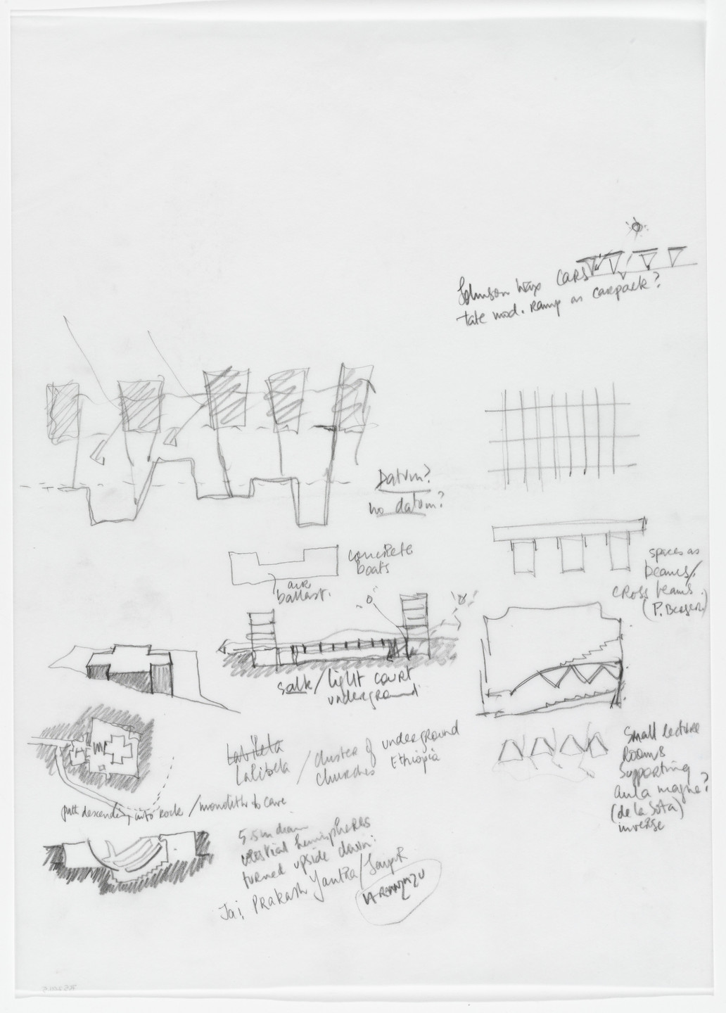 Yvonne Farrell, Shelley McNamara. Luigi Bocconi University, Milan, Italy (Elevation, section and plan sketches with notes). 2001