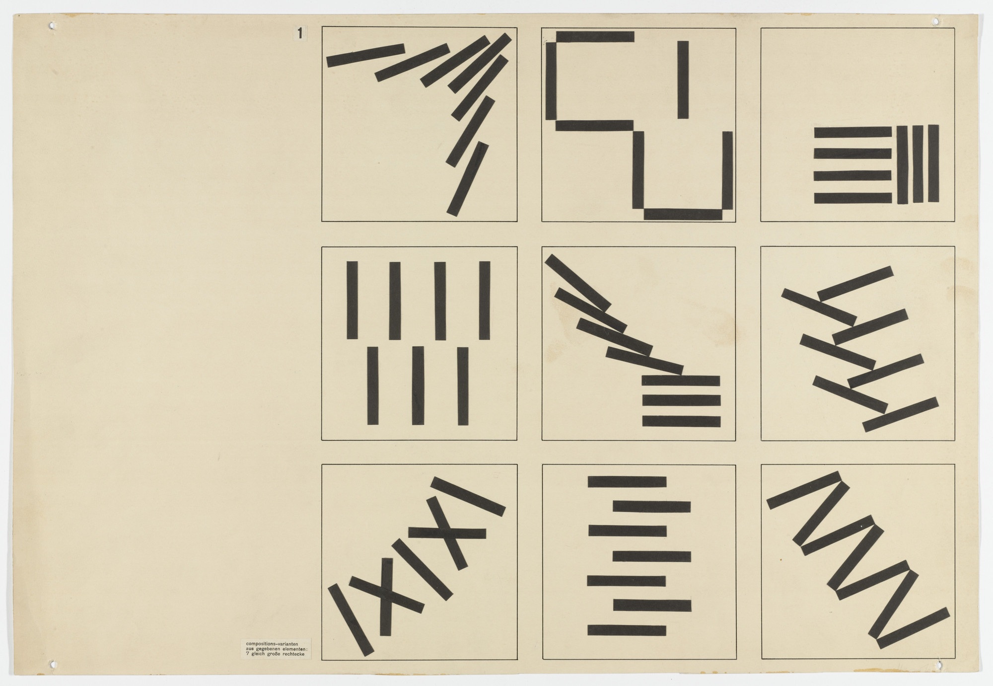 Albrecht Heubner. Studies in Composition. Given: Seven Bars of Equal Size (From Joost Schmidt&#39;s Bauhaus Design Course). 1930–1933