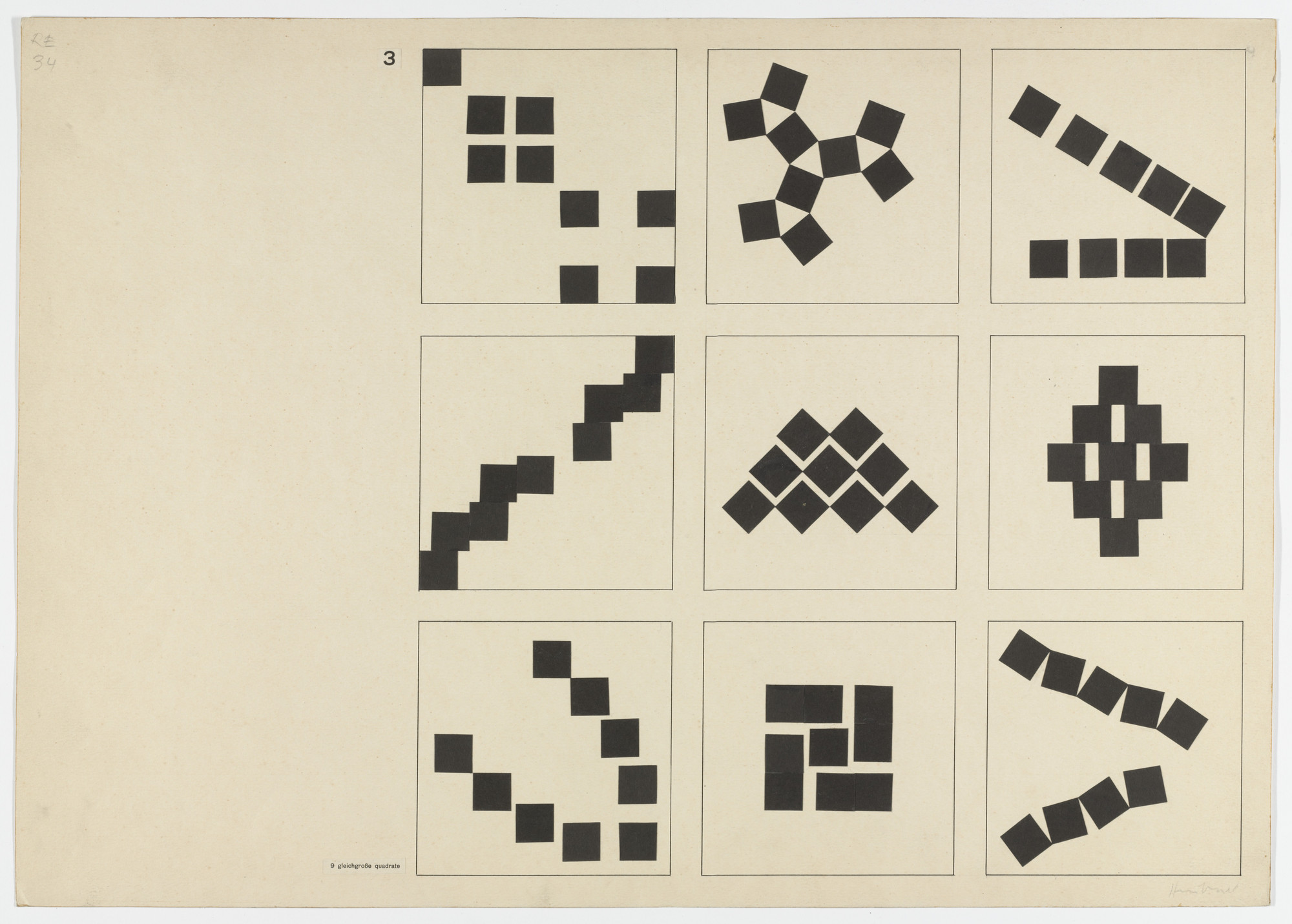 Albrecht Heubner. Studies in Composition. Given: Nine Squares of Equal Size (From Joost Schmidt's Bauhaus Design Course). 1930–1933