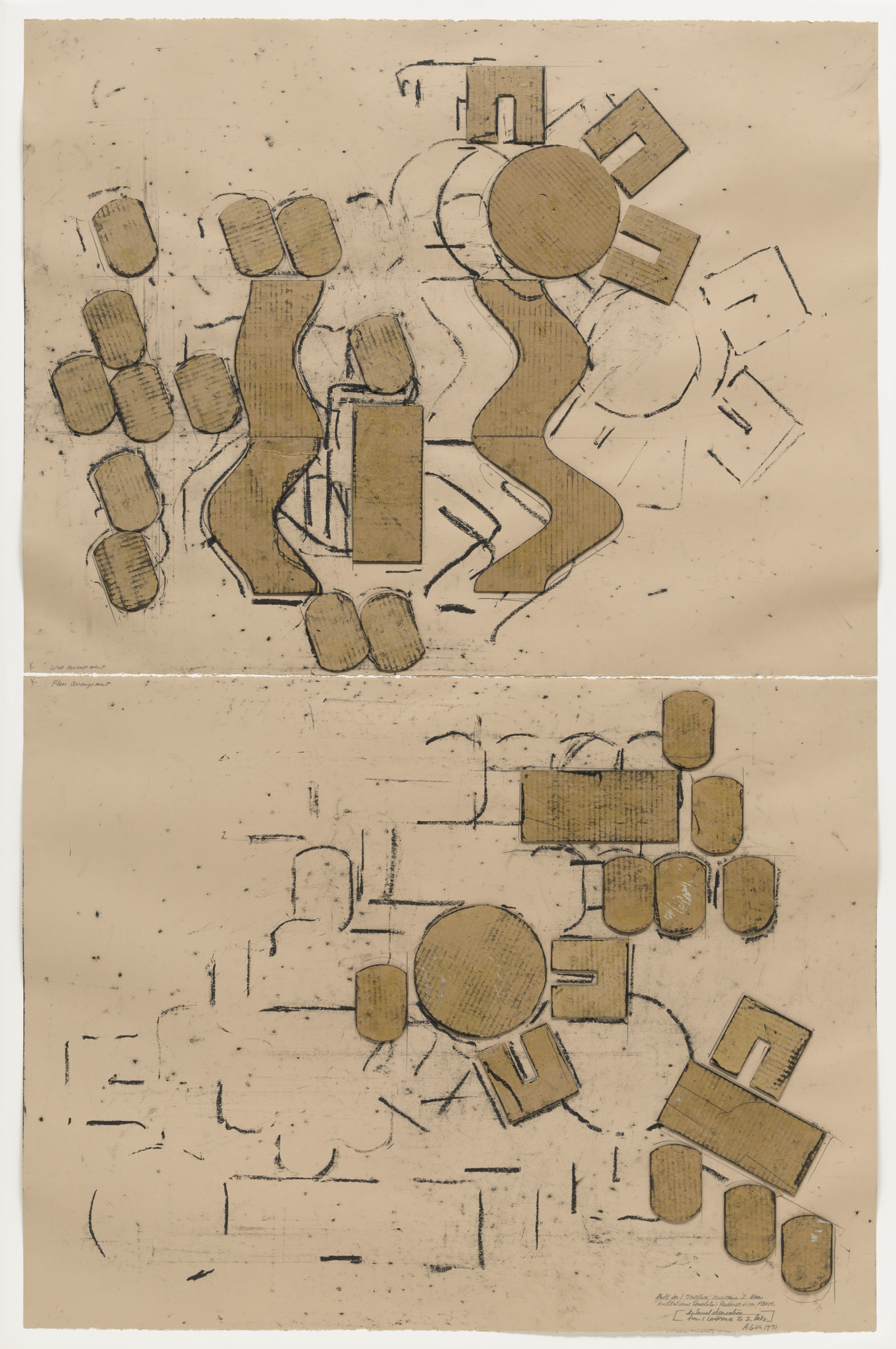 Barry Le Va. Study for Sculpture Occupying 2' Area : "Institutional Template," Readings from above (Internal Observation from 1. Conference to 2. Lab)