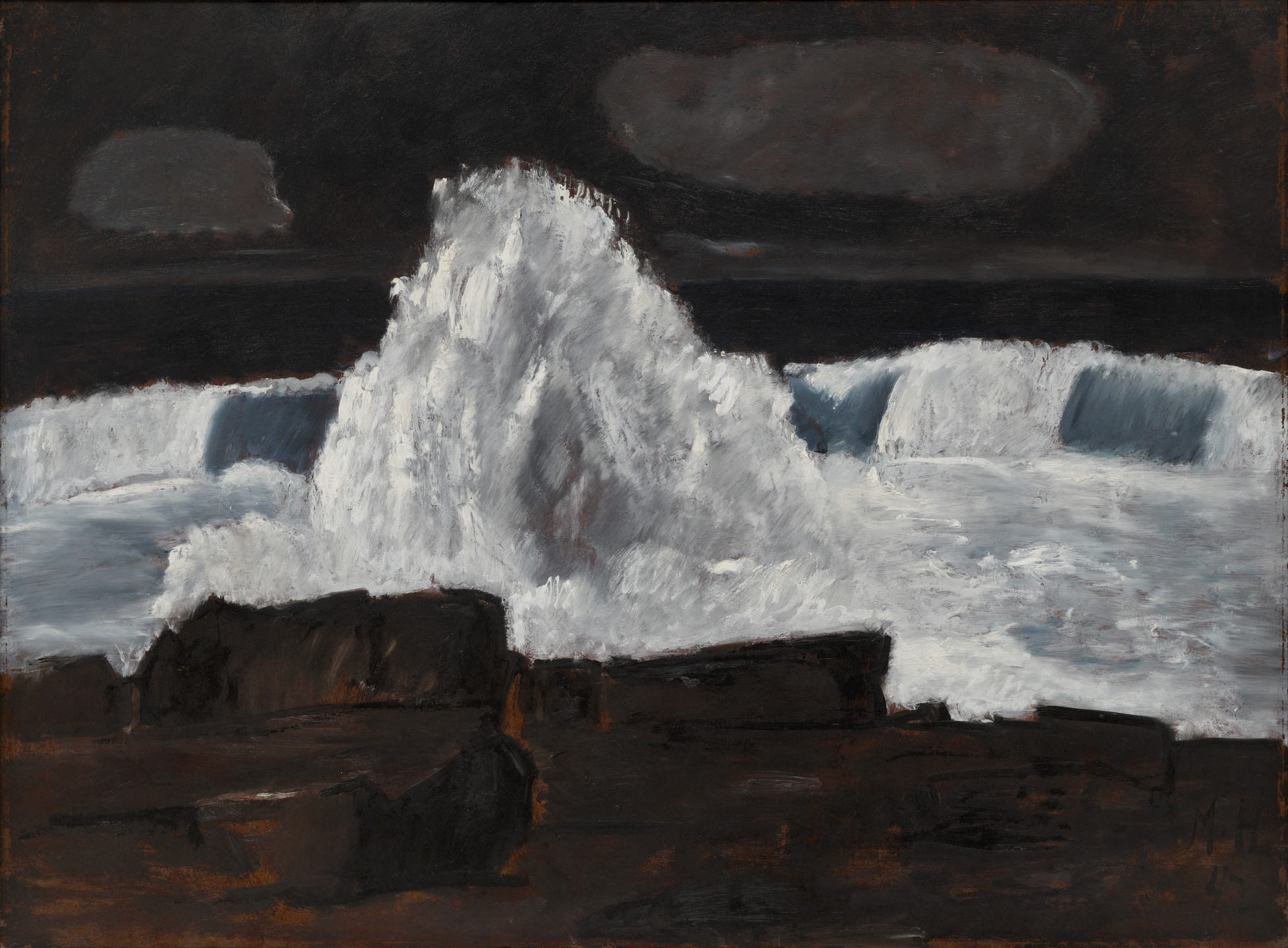 The image shows a large wave crashing against dark rocks under a dark sky. The predominant colors are white for the wave and dark shades of brown and black for the rocks and sky. This is an AI generated description. To give feedback, email ai@moma.org.