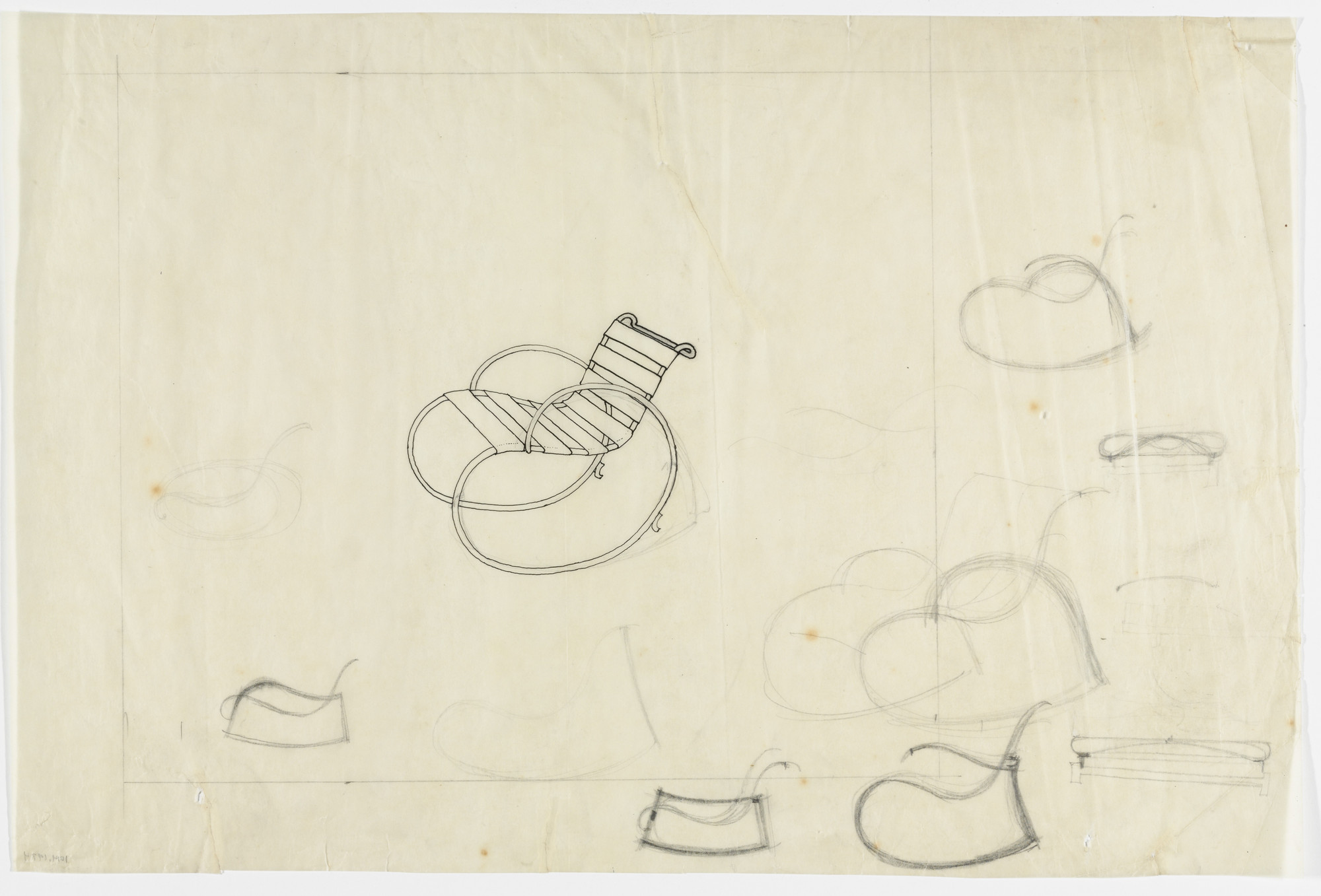 Ludwig Mies van der Rohe. Lounge Chairs with Arms (Perspective, elevation sketches)