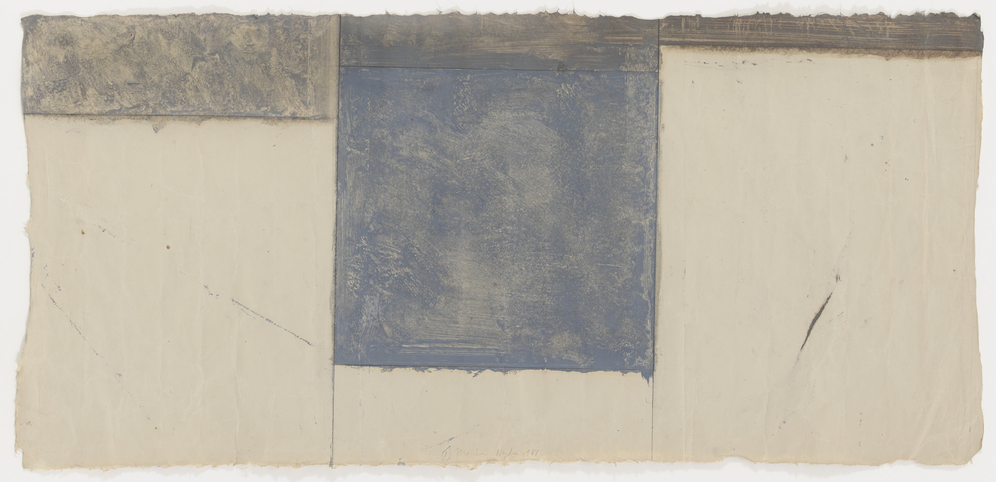 A horizontal rectangular image has a predominant off-white background divided into sections, with a large loosely painted grey-blue square in the center. A dark grey stepped horizontal strip runs along the top. This is an AI generated description. To give feedback, email ai@moma.org.