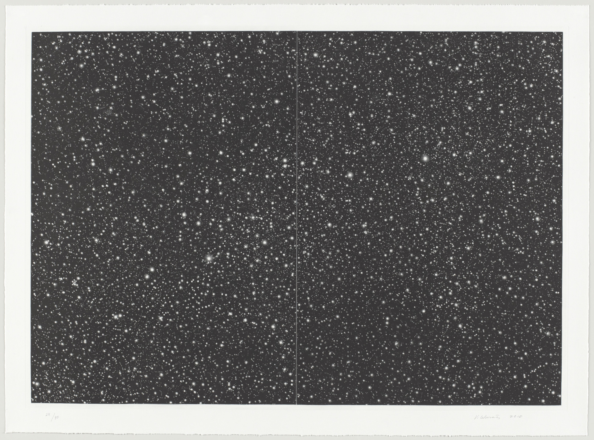 The image shows a densely packed starry sky with numerous small white dots representing stars on a black background. A faint vertical line divides the image into two nearly identical halves. This is an AI generated description. To give feedback, email ai@moma.org.