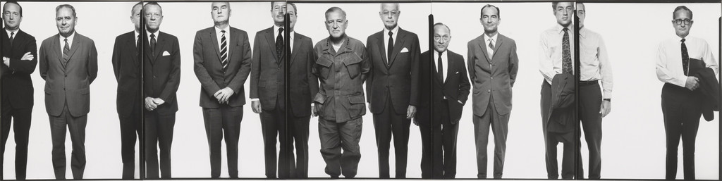 The Mission Council.  Left to right: Hawthorne Q. Mills, Mission Coordinator; Ernest J. Colantonio, Counselor of Embassy for Administrative Affairs; Edward J. Nickel, Minister Counselor for Public Affairs; John E. McGowan, Minister Counselor for Press, affairs; George D. Jacobson, assistant chief of staff; General Creighton W. Abrams, commander United States Military Assistance Command, Vietnam; Ambassador Ellsworth Bunker; Deputy Ambassador Samuel D. Berger; John R. Mossler, minister director, United, States Agency for International Development; Charles A. Cooper, minister counselor for economic affairs; Laurin B. Askew, counselor of Embassy for Political Affairs.  Saigon, South Vietnam