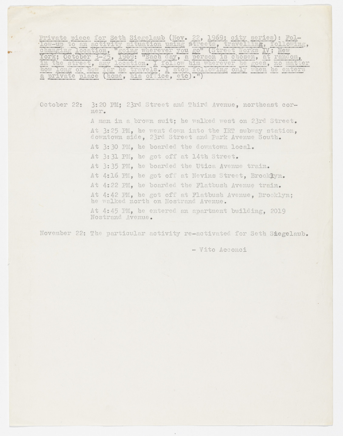 Vito Acconci. Private Piece for Seth Siegelaub (Nov. 22, 1969; city series). 1969