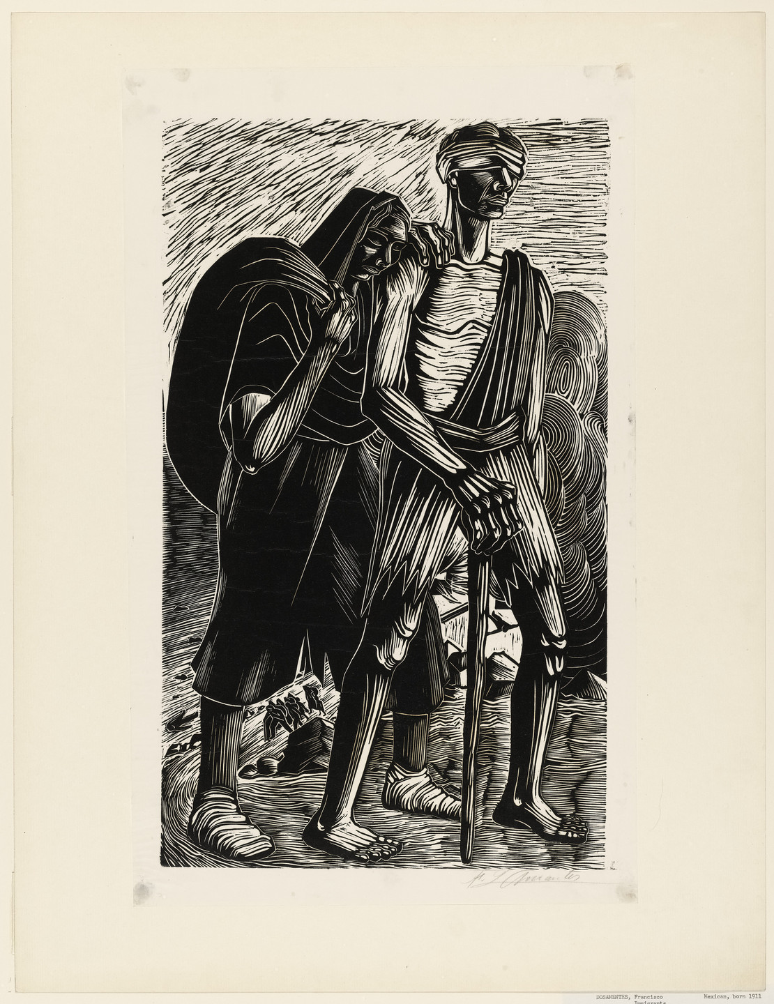 A monochromatic illustration shows two figures walking closely together with pained expressions. One figure is using a cane and has bandages over their eyes, while the other appears to provide support. This is an AI generated description. To give feedback, email ai@moma.org.