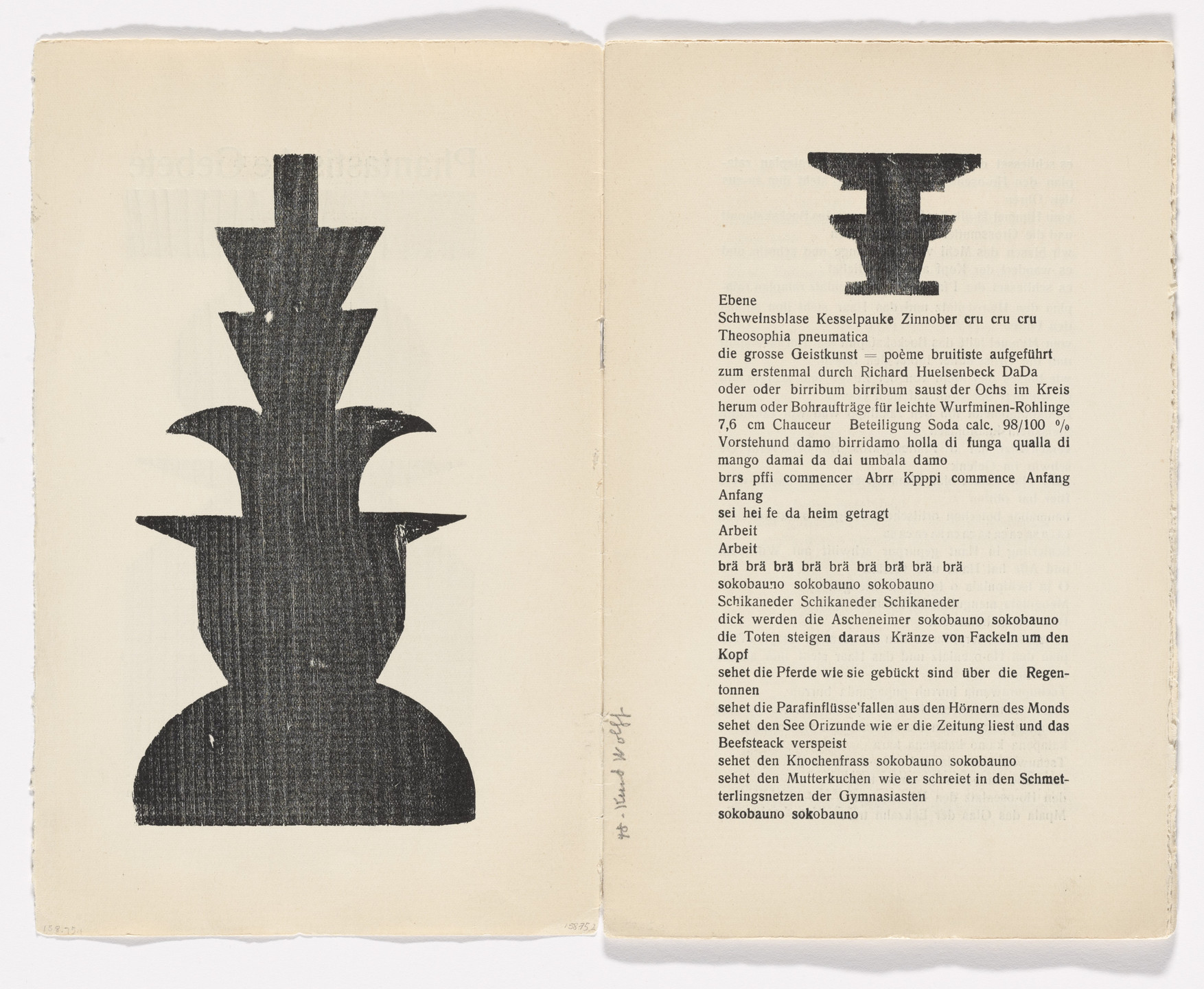 Jean (Hans) Arp. Plate (folio 1 verso) from Phantastische Gebete (Fantastic Prayers). 1916