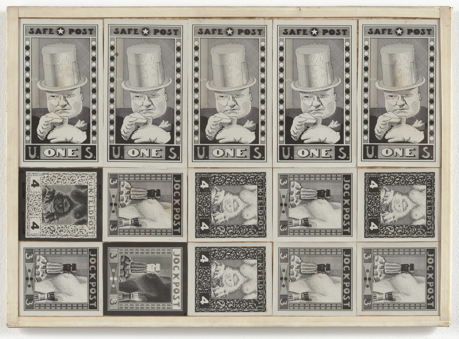 Robert Watts. Mechanical for artist&#39;s self-published Safepost / K.u.K. Feldpost / Jockpost postage stamps. 1961