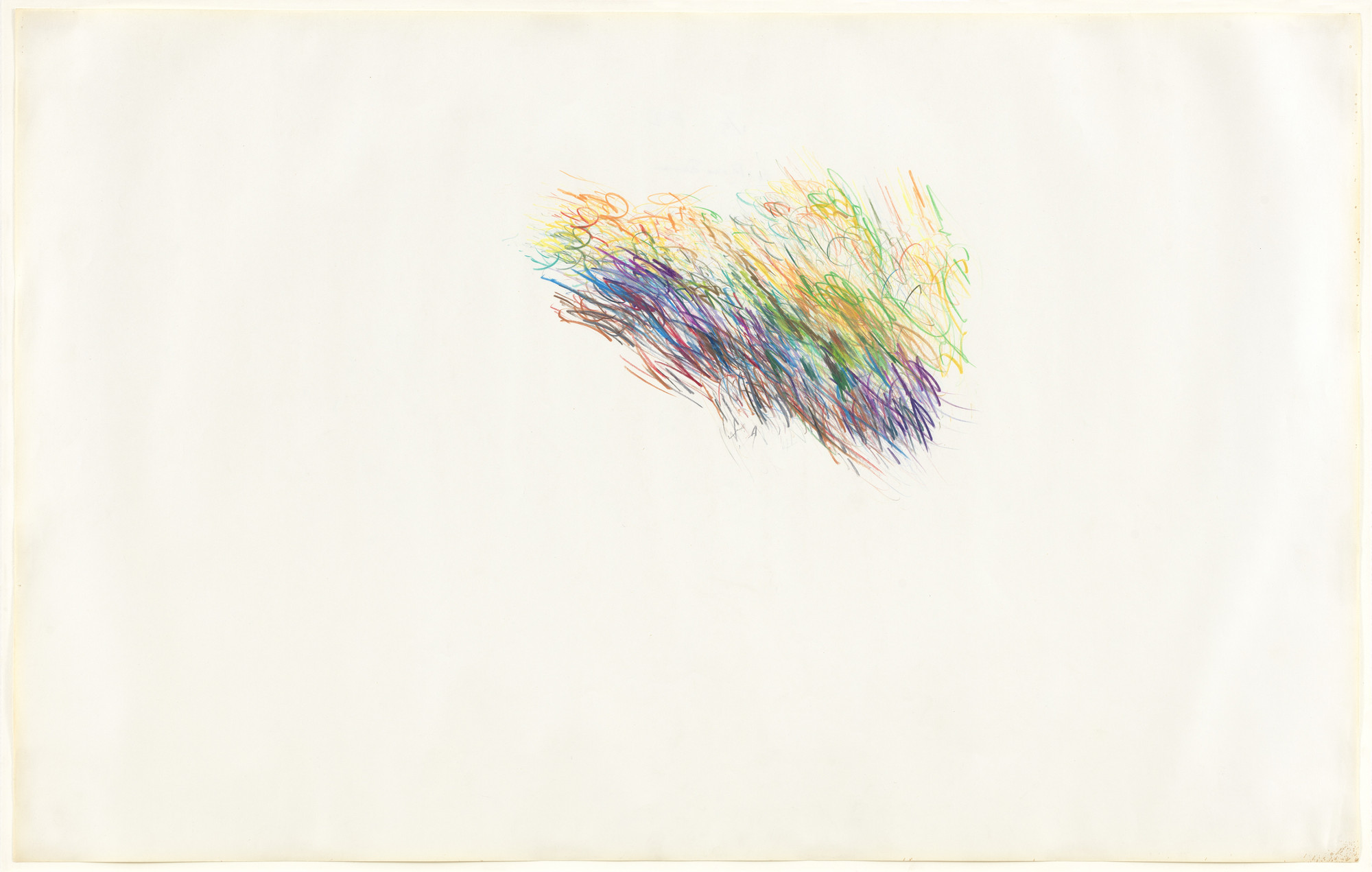 A cluster of multicolored, overlapping lines and scribbles of colored pencil in the upper center of an off white piece of paper. The lines are predominantly red, green, blue, and yellow. This is an AI generated description. To give feedback, email ai@moma.org.