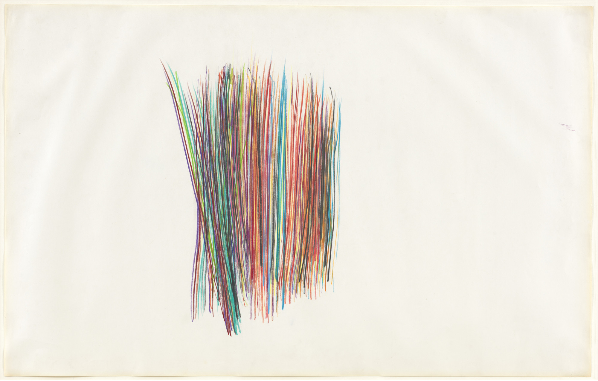 A cluster of thin, multicolored lines, predominantly red, blue, green, yellow, and purple, are arranged closely together on a white background. The lines fan out slightly towards the top and bottom. This is an AI generated description. To give feedback, email ai@moma.org.