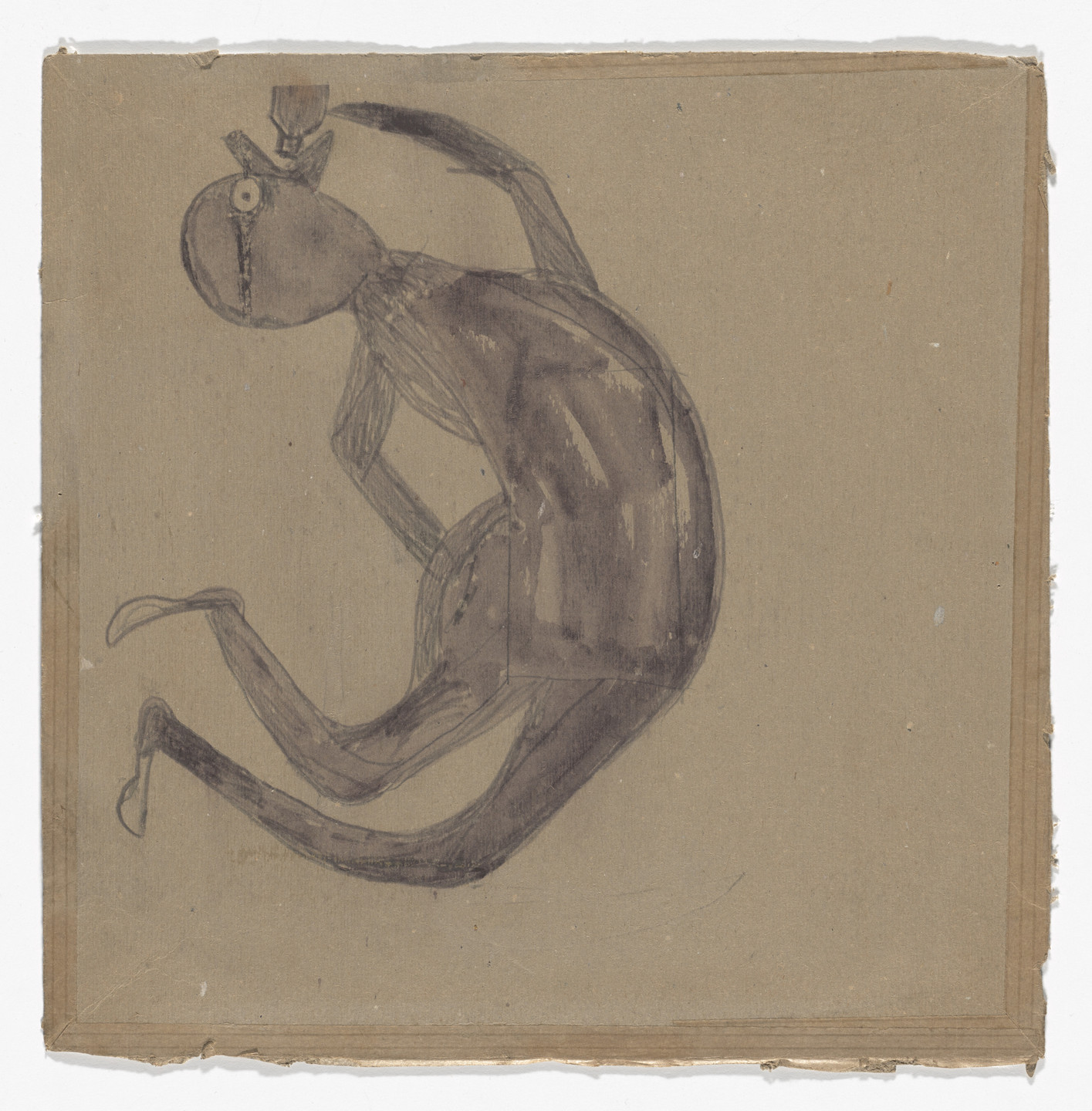 A grey watercolor on brown paper depicts a wide eyed figure in profile as if jumping in the air with his back arched. He holds a bottle to his mouth. This is an AI generated description. To give feedback, email ai@moma.org.