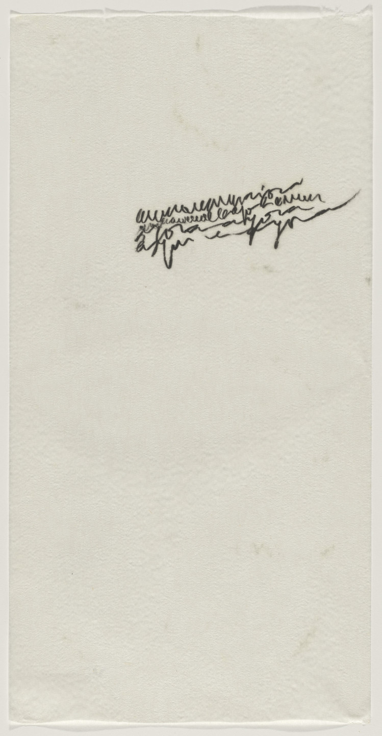 A white sheet of paper features a cluster of tightly packed, scribbled black lines resembling cursive writing, located slightly above the center. The rest of the sheet is blank. This is an AI generated description. To give feedback, email ai@moma.org.