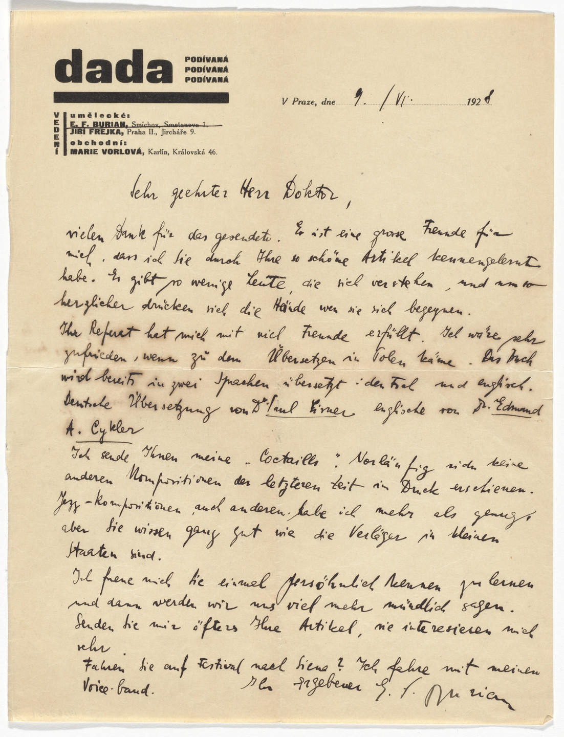 Unidentified Designer. Dada Podívaná Letterhead (Letter from E.F. Burian). 1928