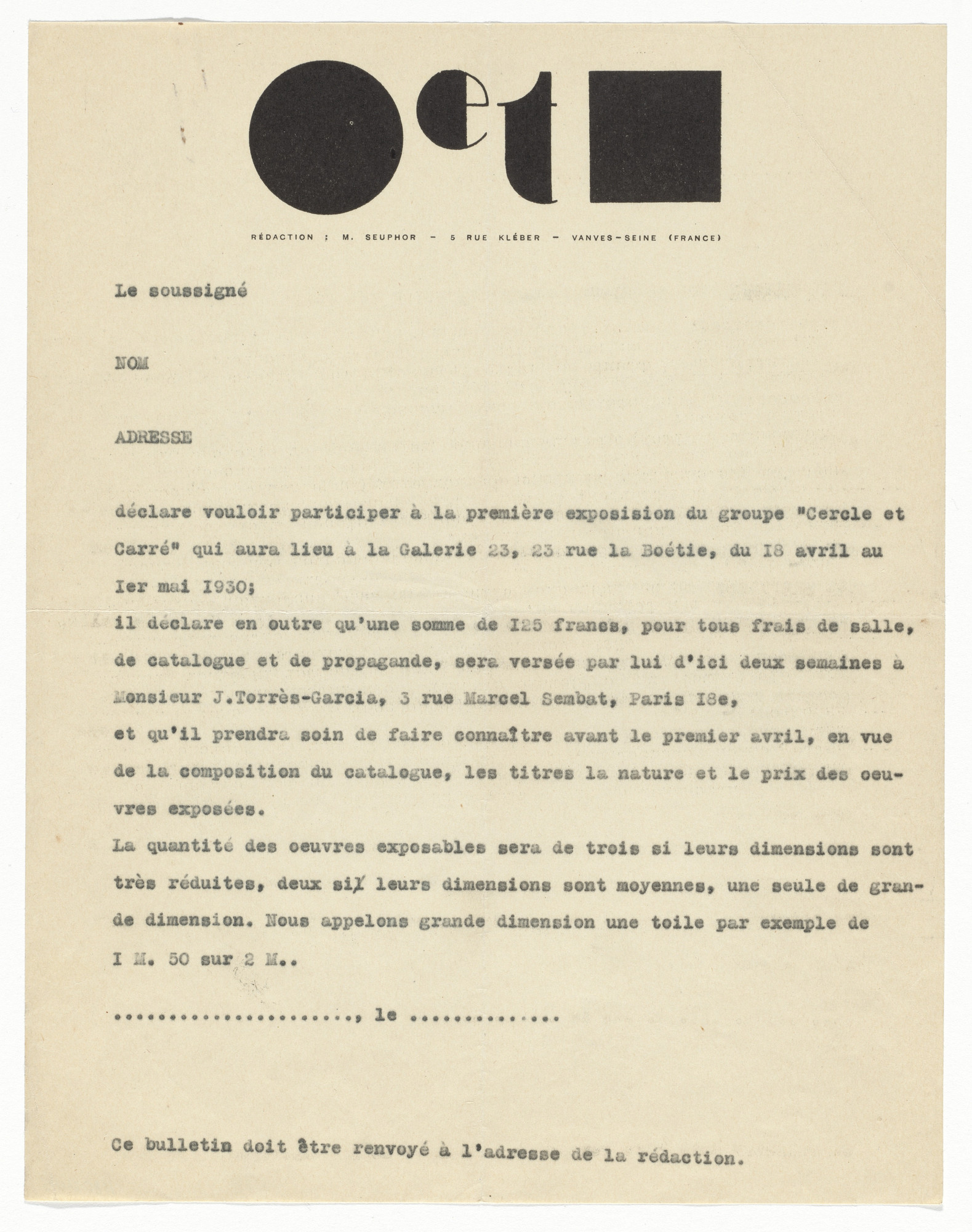 Pierre Daura. Cercle et Carré letterhead