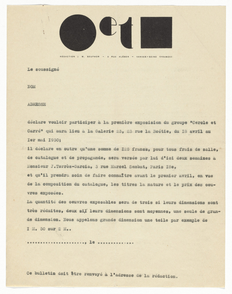 Cercle et Carré letterhead (Form letter for the first exhibition)