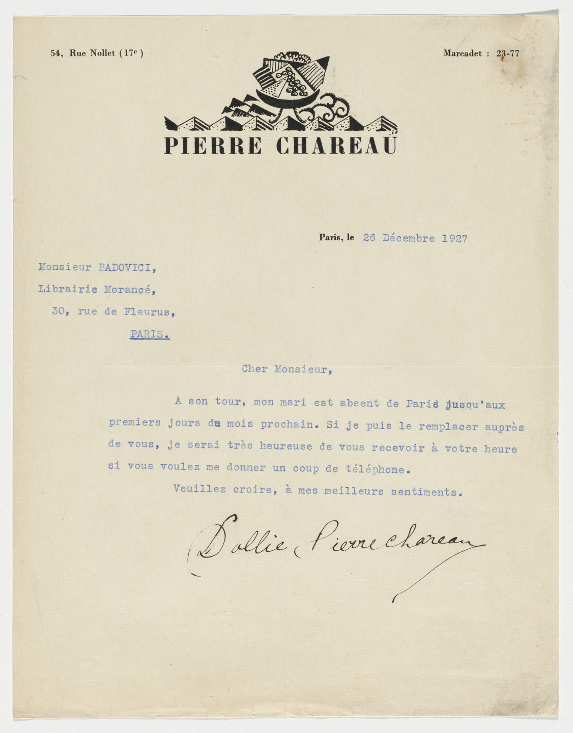 Pierre Chareau. Pierre Chareau letterhead (Letter from Dollie Chareau to Jean Badovici). 1927