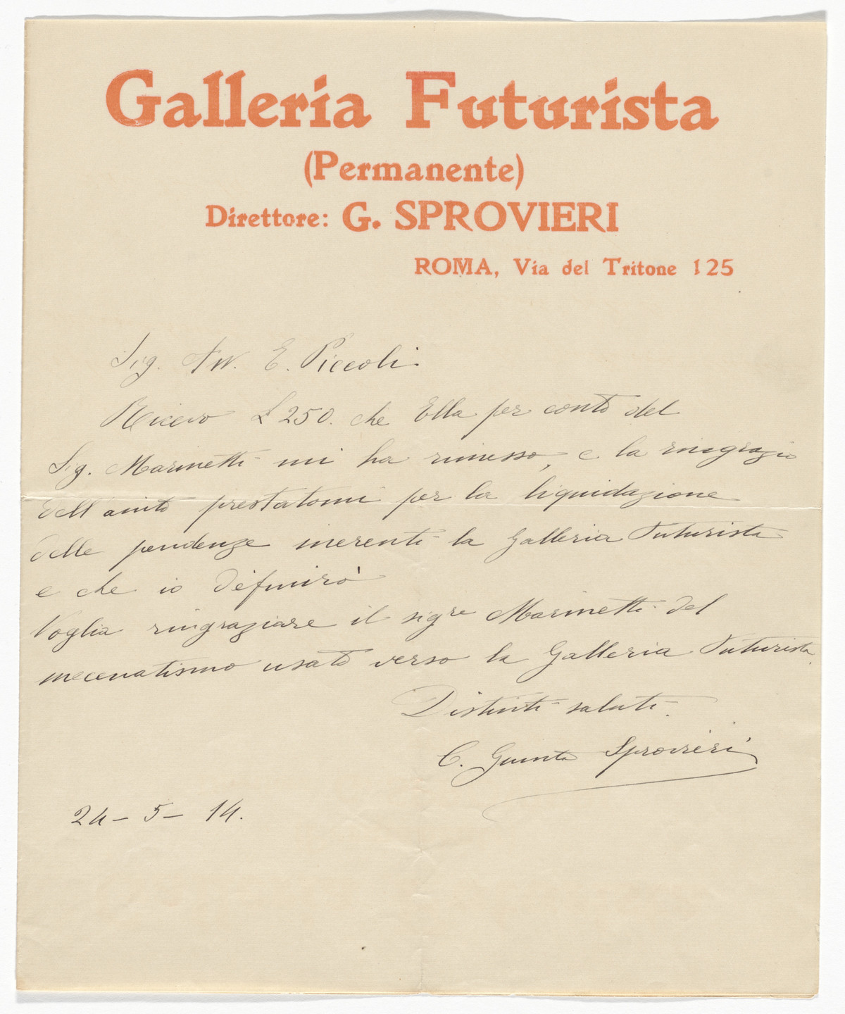 Unidentified Designer. Galleria Futurista letterhead (Letter to Piecoli from G.Sprovieri). 1914
