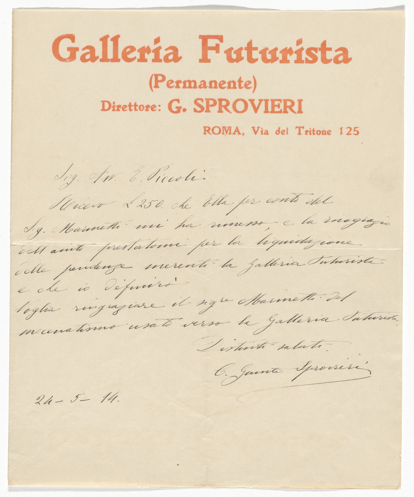 Galleria Futurista letterhead (Letter to Piecoli from G.Sprovieri)
