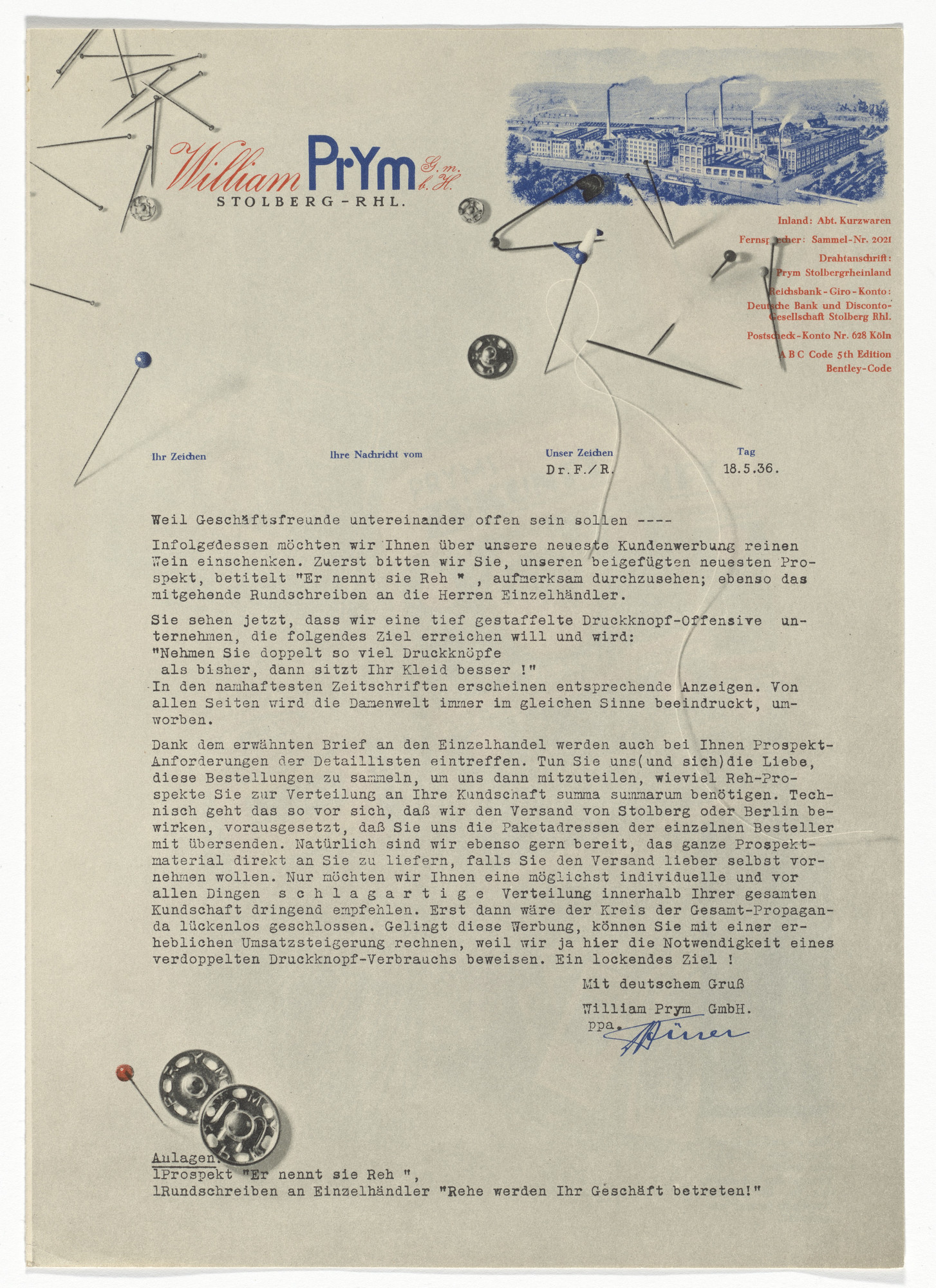 Herbert Bayer. William Prym letterhead (Cover letter to accompany a brochure)