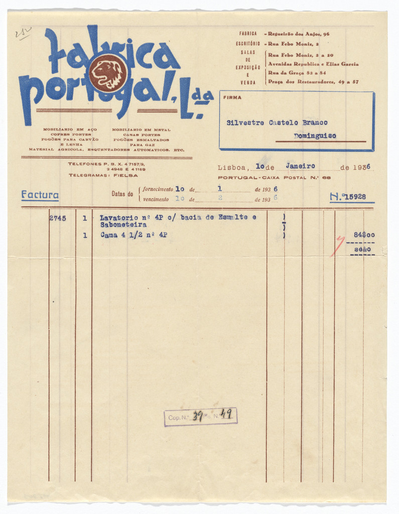 Fabrica Portugal stationery invoice